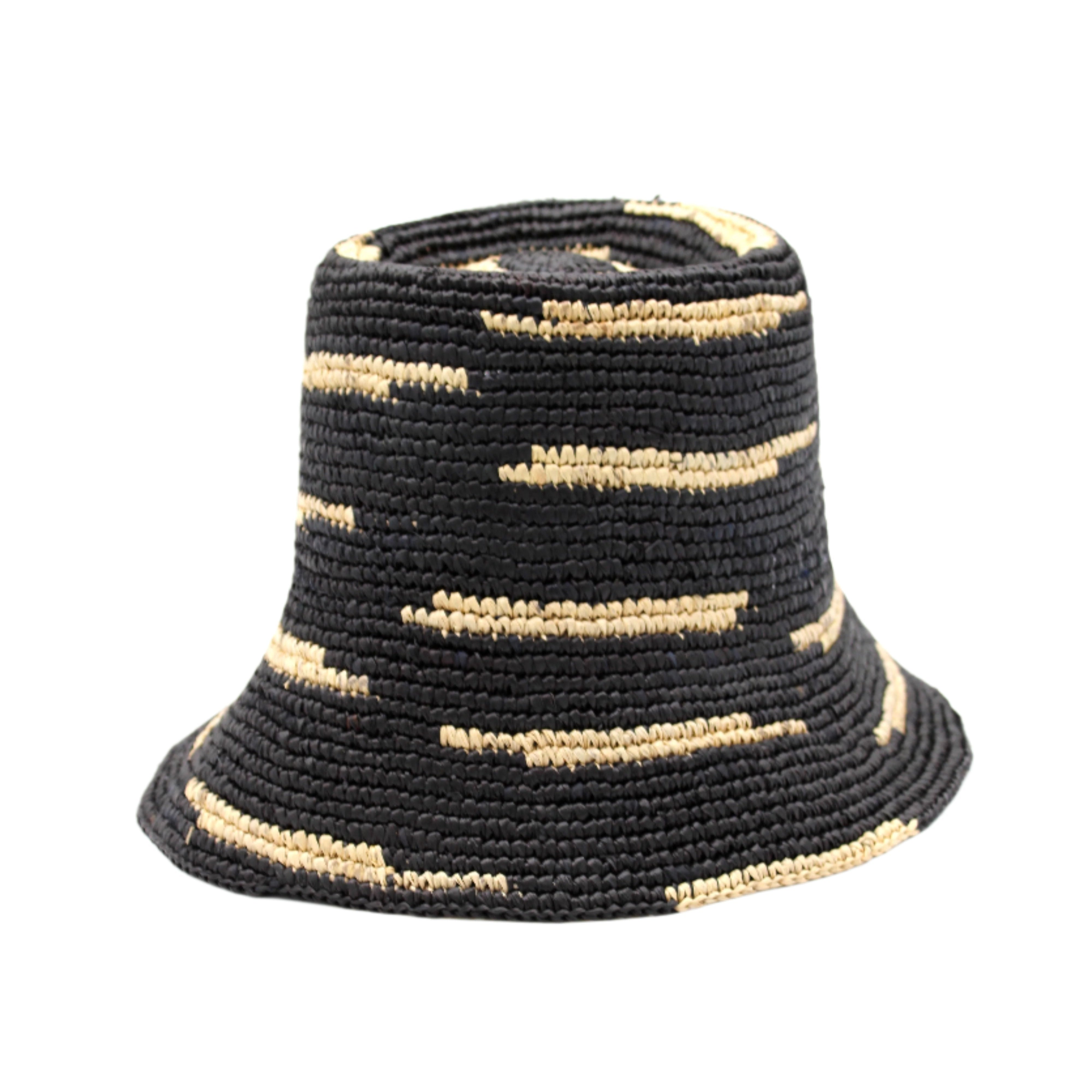 2.5" Brim Taylor Black Crochet Bucket Straw Hat with Zebra Stripes handmade raffia palm fiber in a two tone color combination of horizontal short stripes that create a dash pattern around the hat in black with natural straw color - Shebobo
