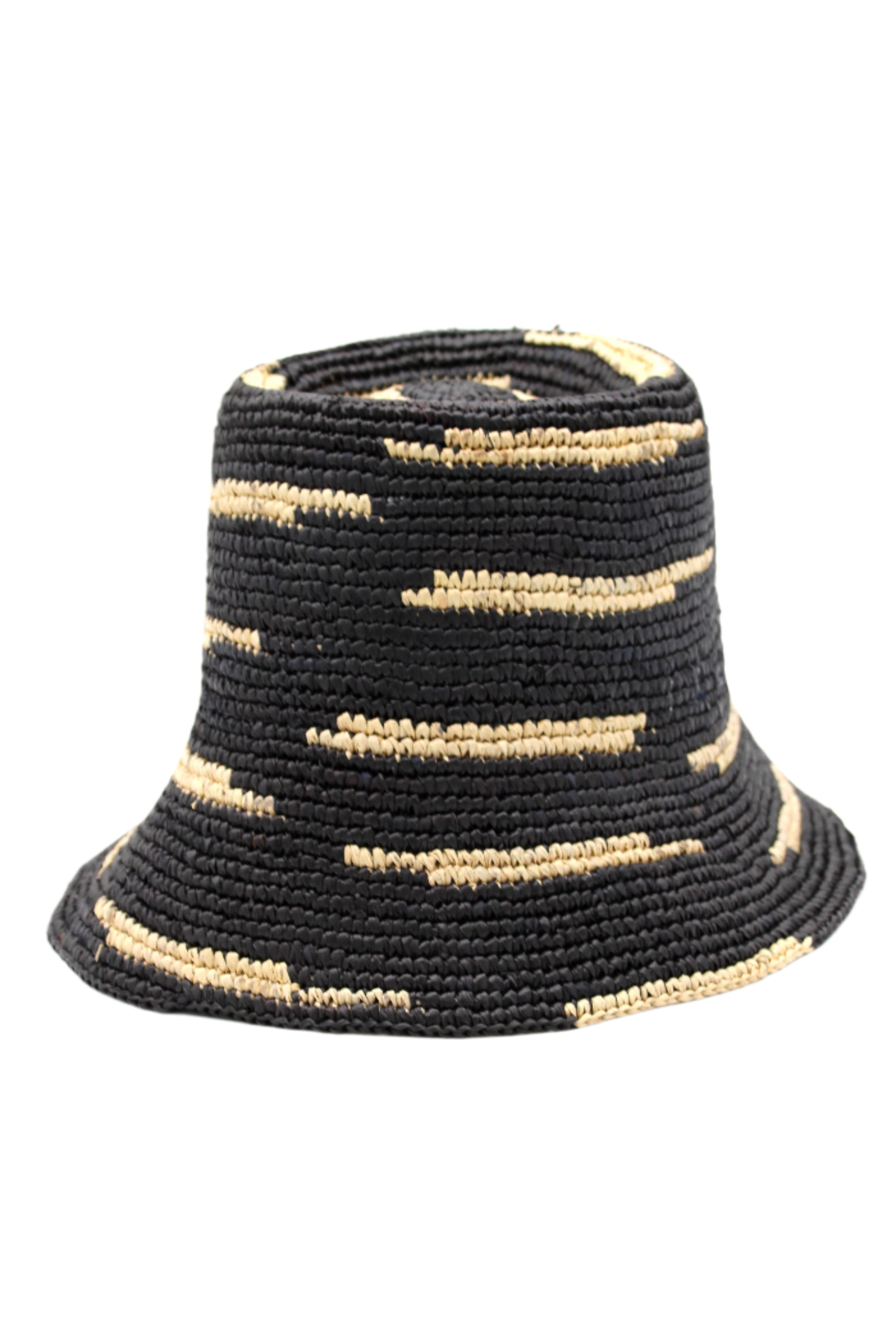2.5" Brim Taylor Black Crochet Bucket Straw Hat with Zebra Stripes handmade raffia palm fiber in a two tone color combination of horizontal short stripes that create a dash pattern around the hat in black with natural straw color - Shebobo