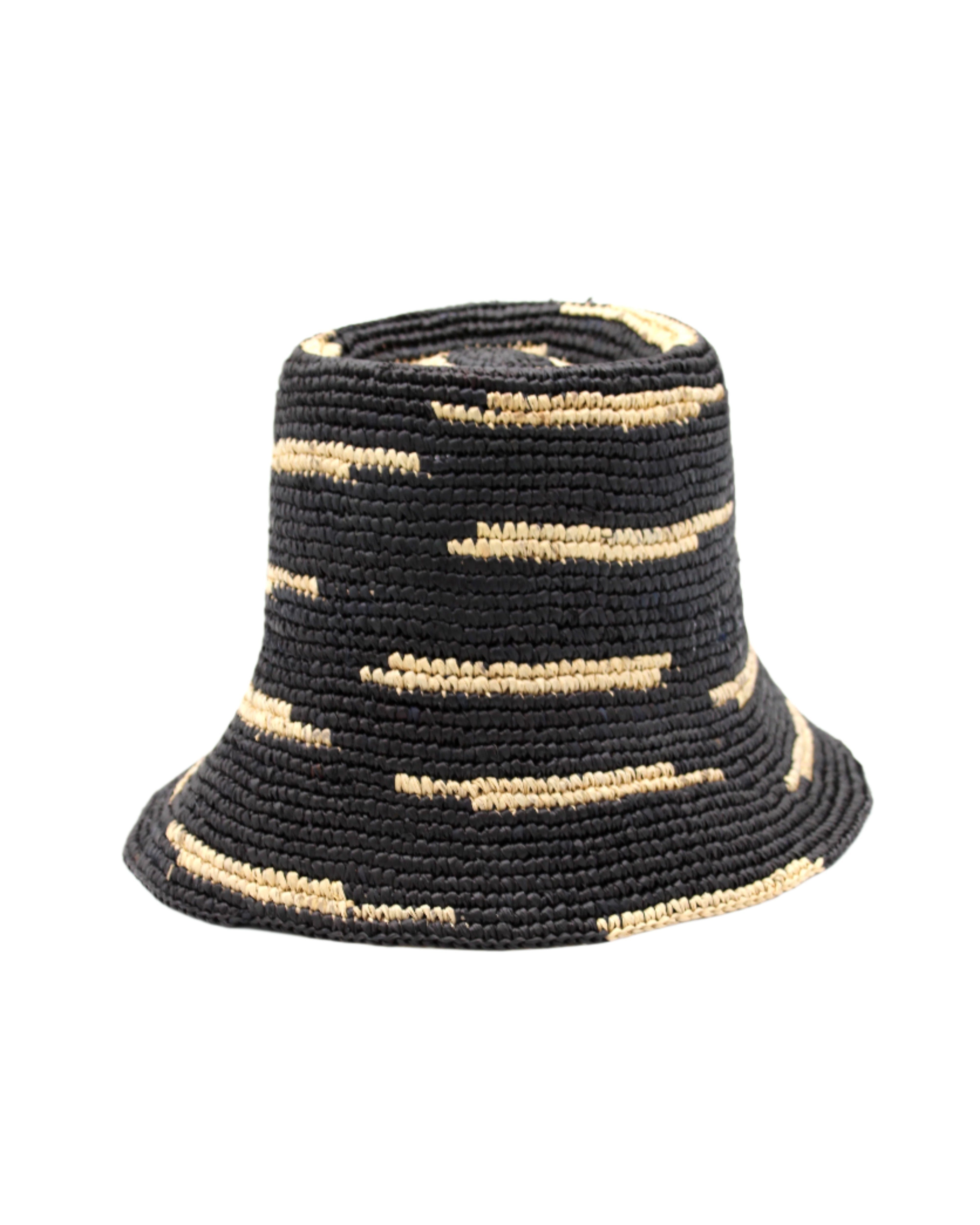 2.5" Brim Taylor Black Crochet Bucket Straw Hat with Zebra Stripes handmade raffia palm fiber in a two tone color combination of horizontal short stripes that create a dash pattern around the hat in black with natural straw color - Shebobo