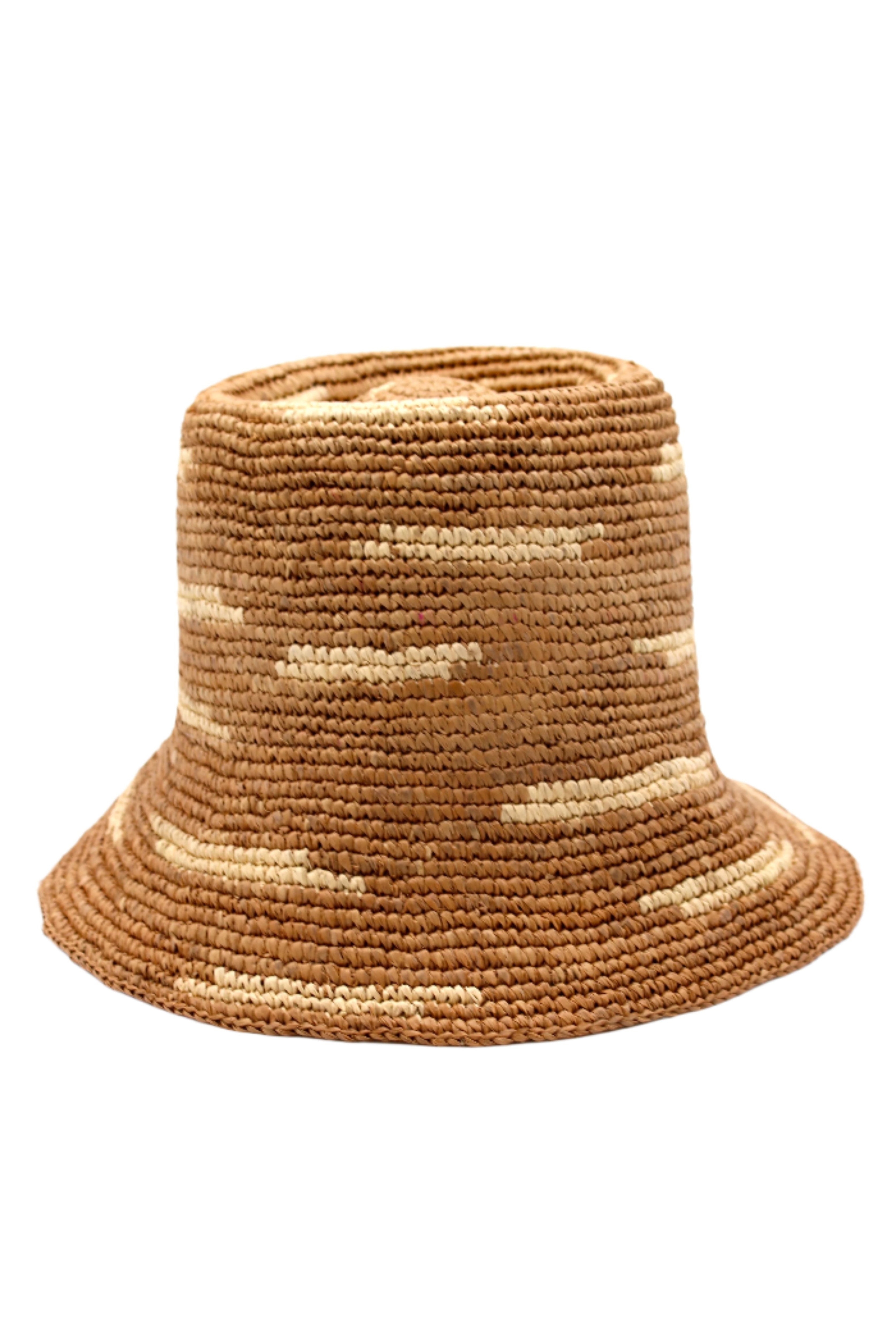 2.5" Brim Taylor Cappuccino Crochet Bucket Straw Hat with Zebra Stripes handmade raffia palm fiber in a two tone color combination of horizontal short stripes that create a dash pattern around the hat in cappuccino light brown with natural straw color - Shebobo