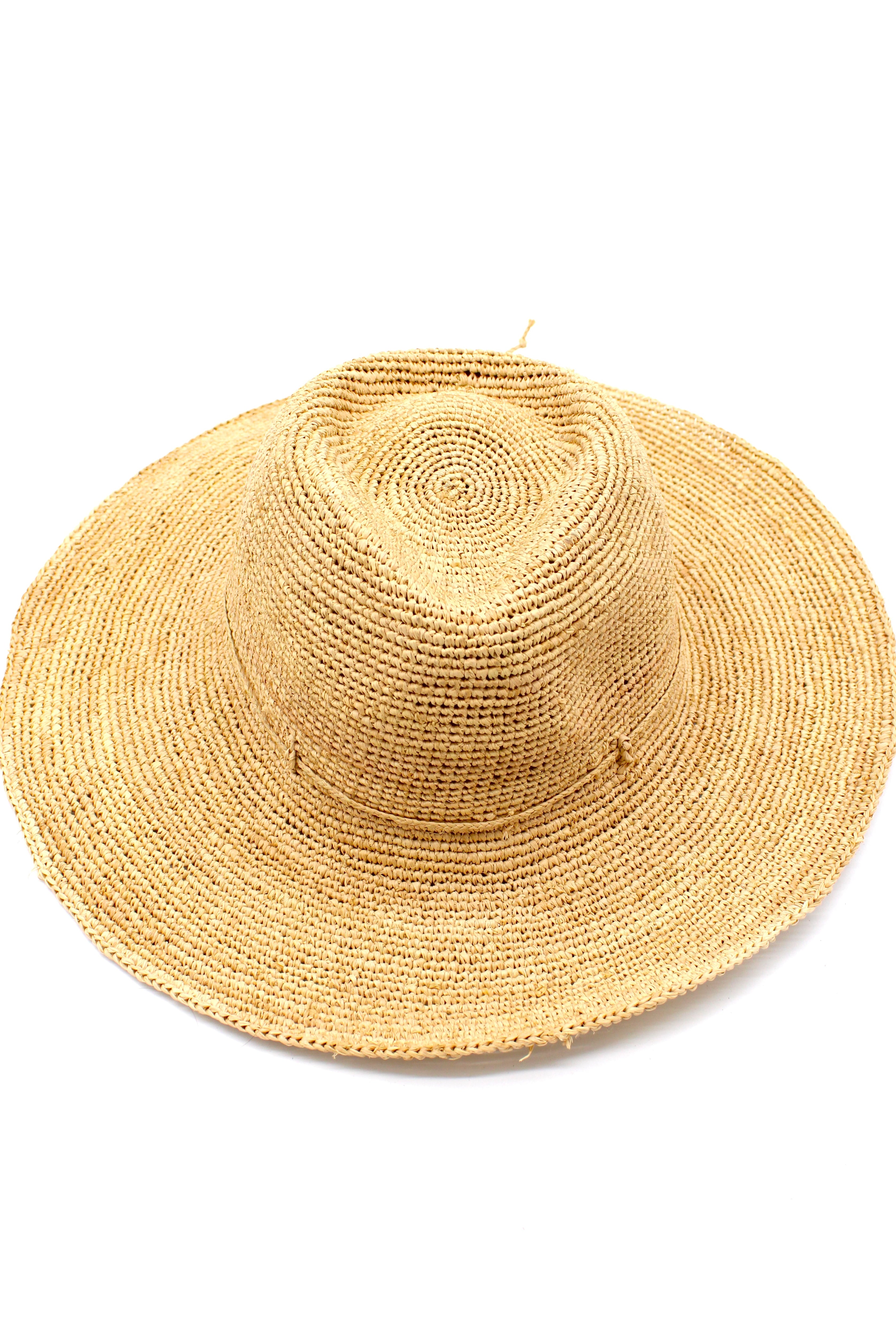 Crochet Miramar Straw Sun Hat handmade woven raffia palm fiber in a subtle link pattered solid hue of natural straw color with matching adjustable braided hat band tie wide brim unisex panama style hat - Shebobo
