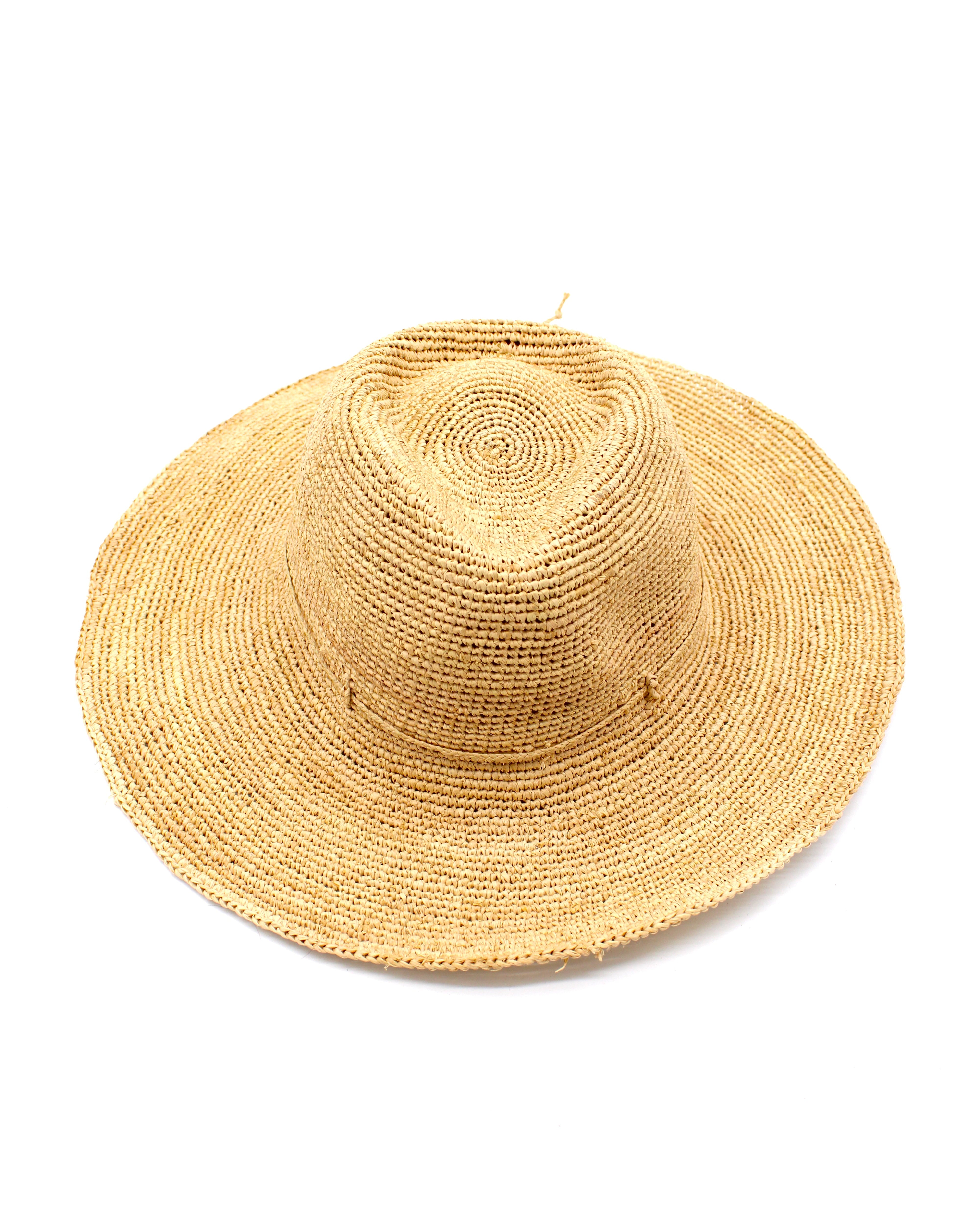 Crochet Miramar Straw Sun Hat handmade woven raffia palm fiber in a subtle link pattered solid hue of natural straw color with matching adjustable braided hat band tie wide brim unisex panama style hat - Shebobo