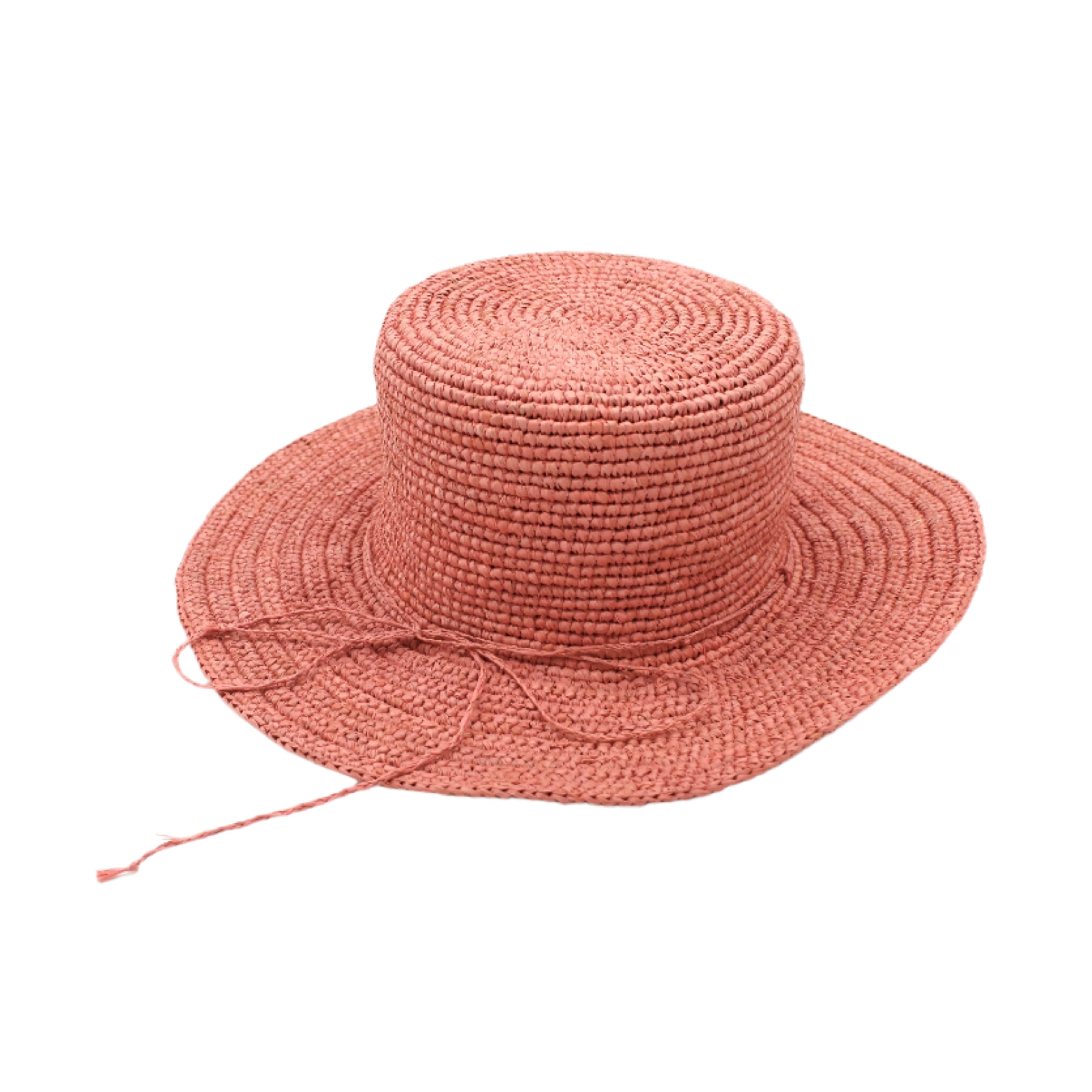 3" Brim Bolero Crochet Straw Sun Hats handmade crochet natural raffia palm fiber in a solid hue of Cherry Blossom pink/orange making a concentric pattern from the center top of the flattened crown spiraling out to the edge of the brim with matching adjustable raffia braid hat band - Shebobo