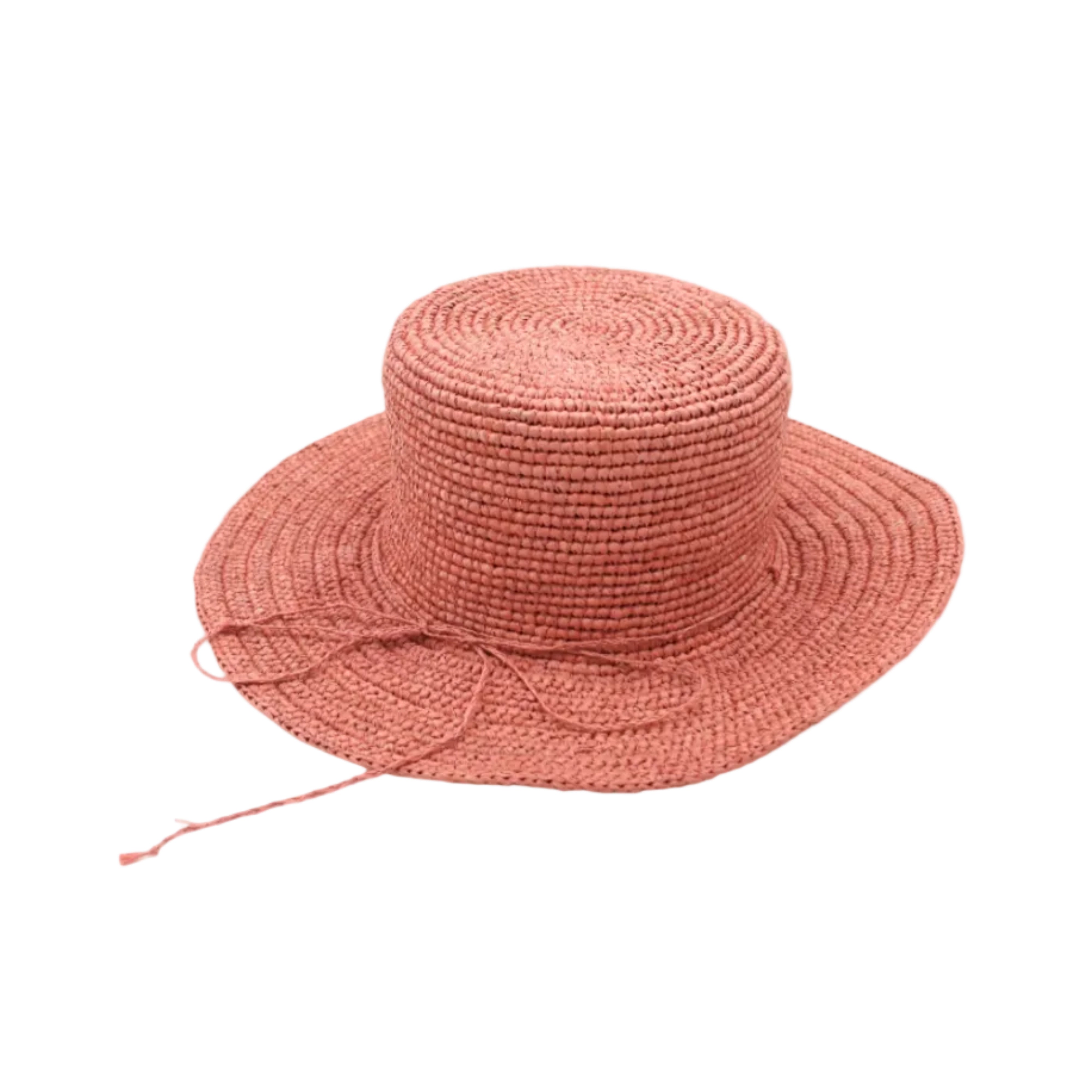 3" Brim Bolero Crochet Straw Sun Hats handmade crochet natural raffia palm fiber in a solid hue of Cherry Blossom pink/orange making a concentric pattern from the center top of the flattened crown spiraling out to the edge of the brim with matching adjustable raffia braid hat band - Shebobo