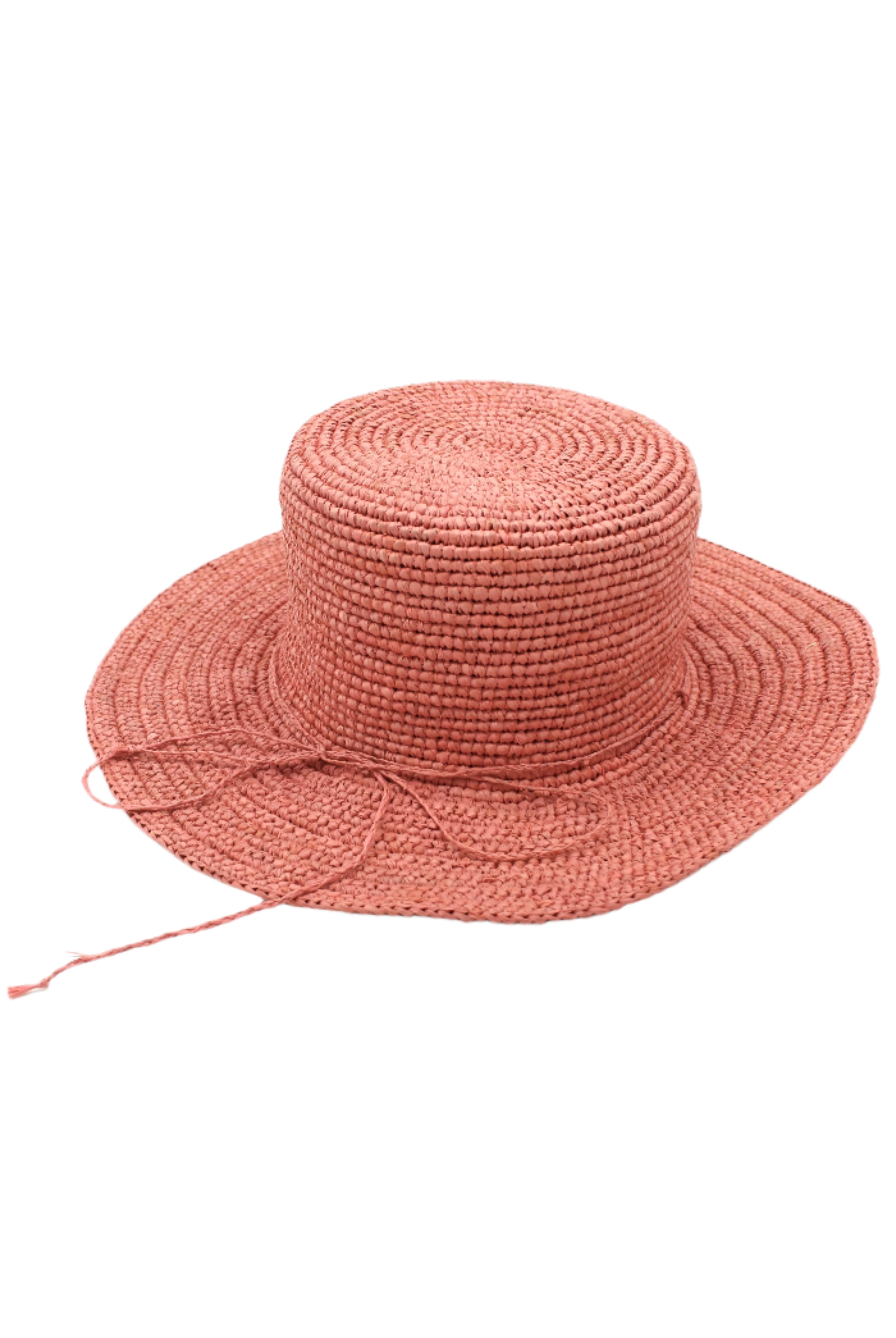3" Brim Bolero Crochet Straw Sun Hats handmade crochet natural raffia palm fiber in a solid hue of Cherry Blossom pink/orange making a concentric pattern from the center top of the flattened crown spiraling out to the edge of the brim with matching adjustable raffia braid hat band - Shebobo