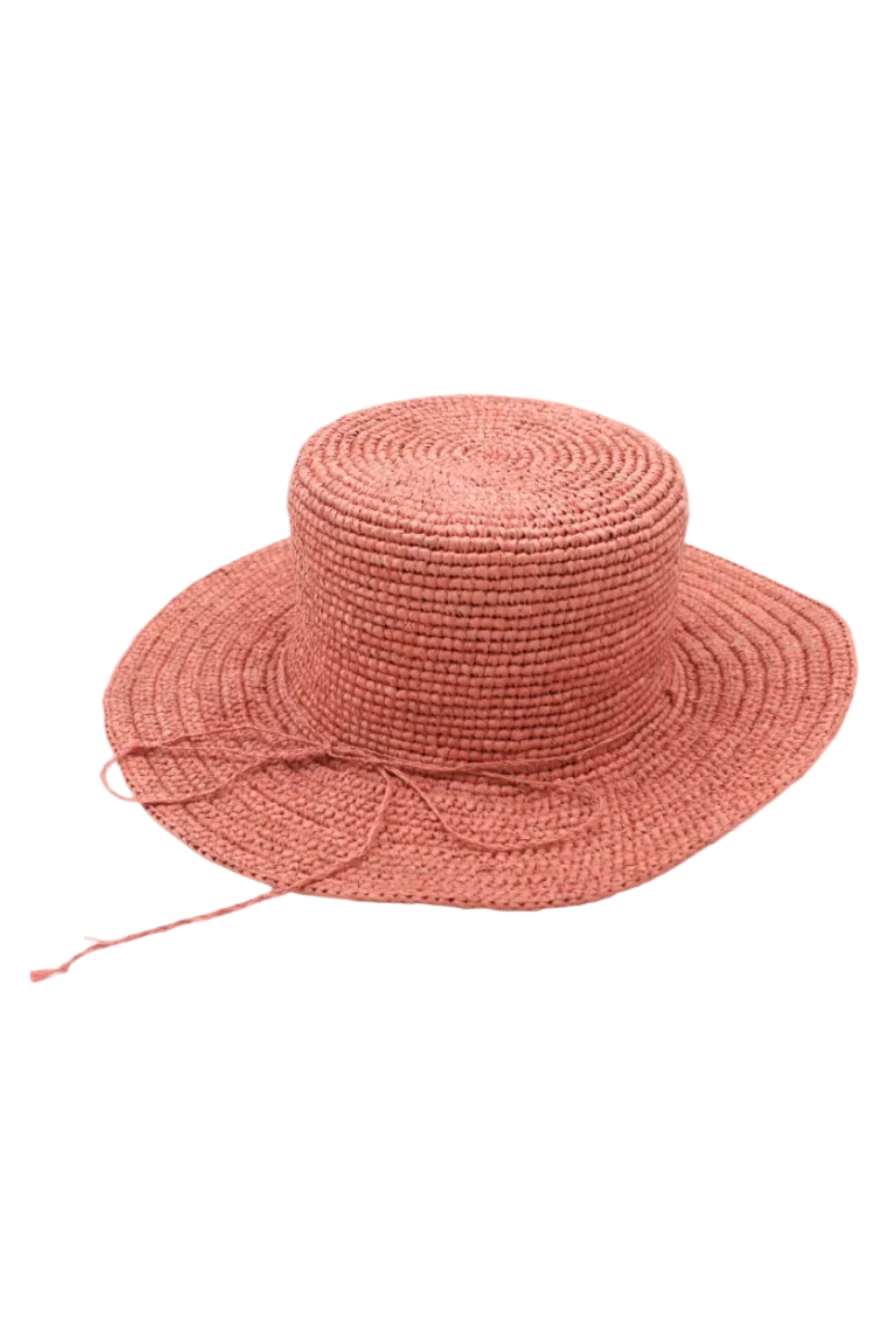 3" Brim Bolero Crochet Straw Sun Hats handmade crochet natural raffia palm fiber in a solid hue of Cherry Blossom pink/orange making a concentric pattern from the center top of the flattened crown spiraling out to the edge of the brim with matching adjustable raffia braid hat band - Shebobo