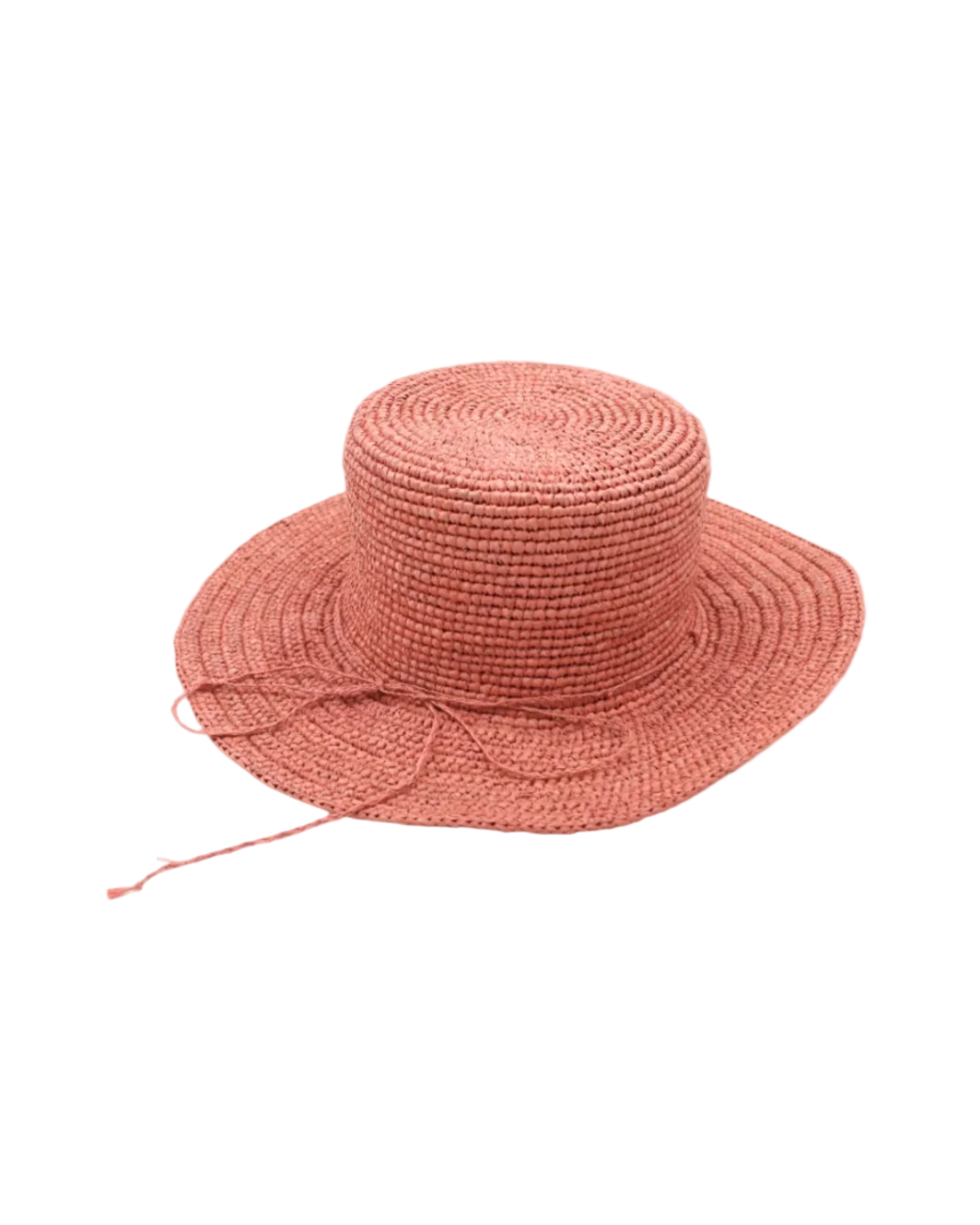 3" Brim Bolero Crochet Straw Sun Hats handmade crochet natural raffia palm fiber in a solid hue of Cherry Blossom pink/orange making a concentric pattern from the center top of the flattened crown spiraling out to the edge of the brim with matching adjustable raffia braid hat band - Shebobo