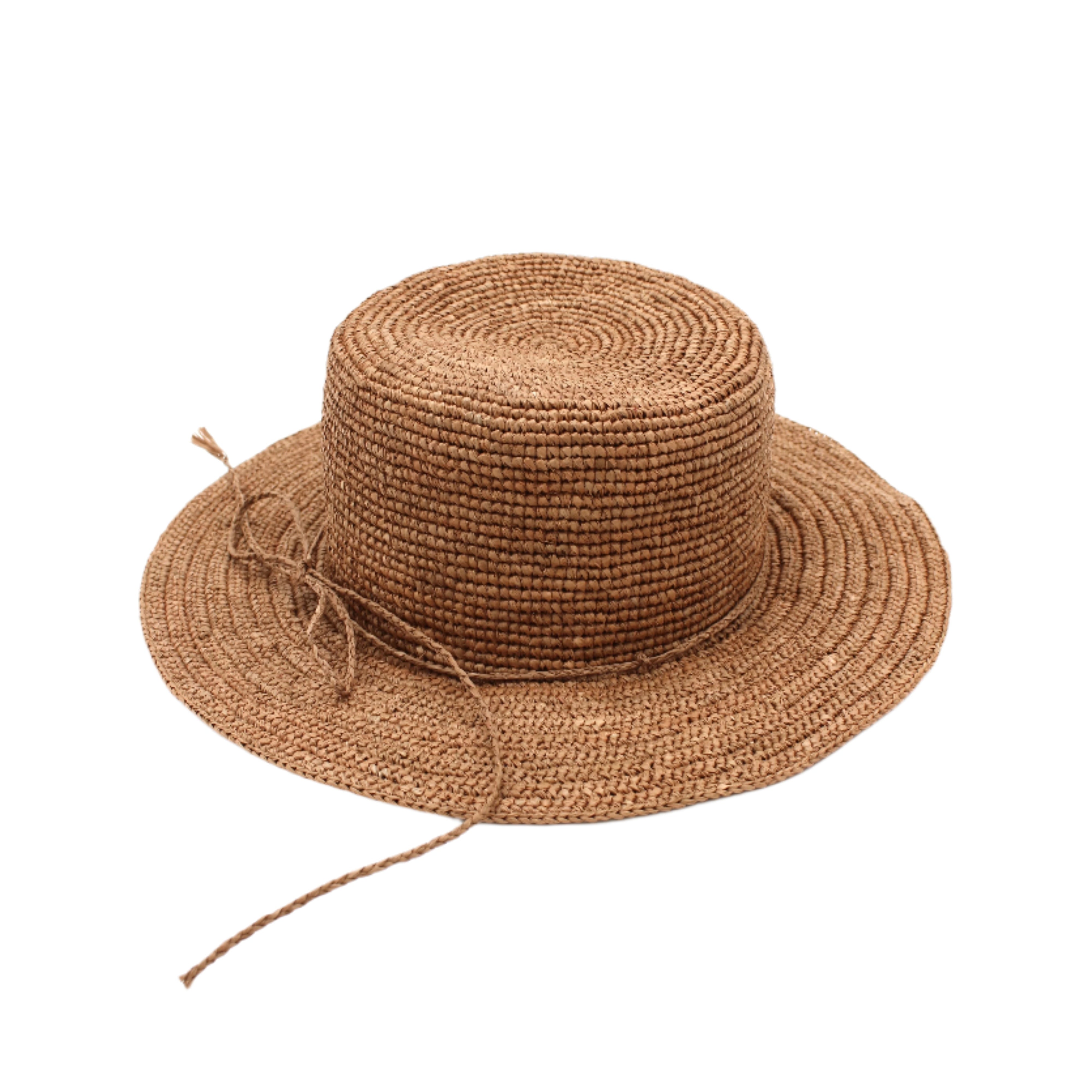 3" Brim Bolero Crochet Straw Sun Hats handmade crochet natural raffia palm fiber in a solid hue of cinnamon dark brown making a concentric pattern from the center top of the flattened crown spiraling out to the edge of the brim with matching adjustable raffia braid hat band - Shebobo