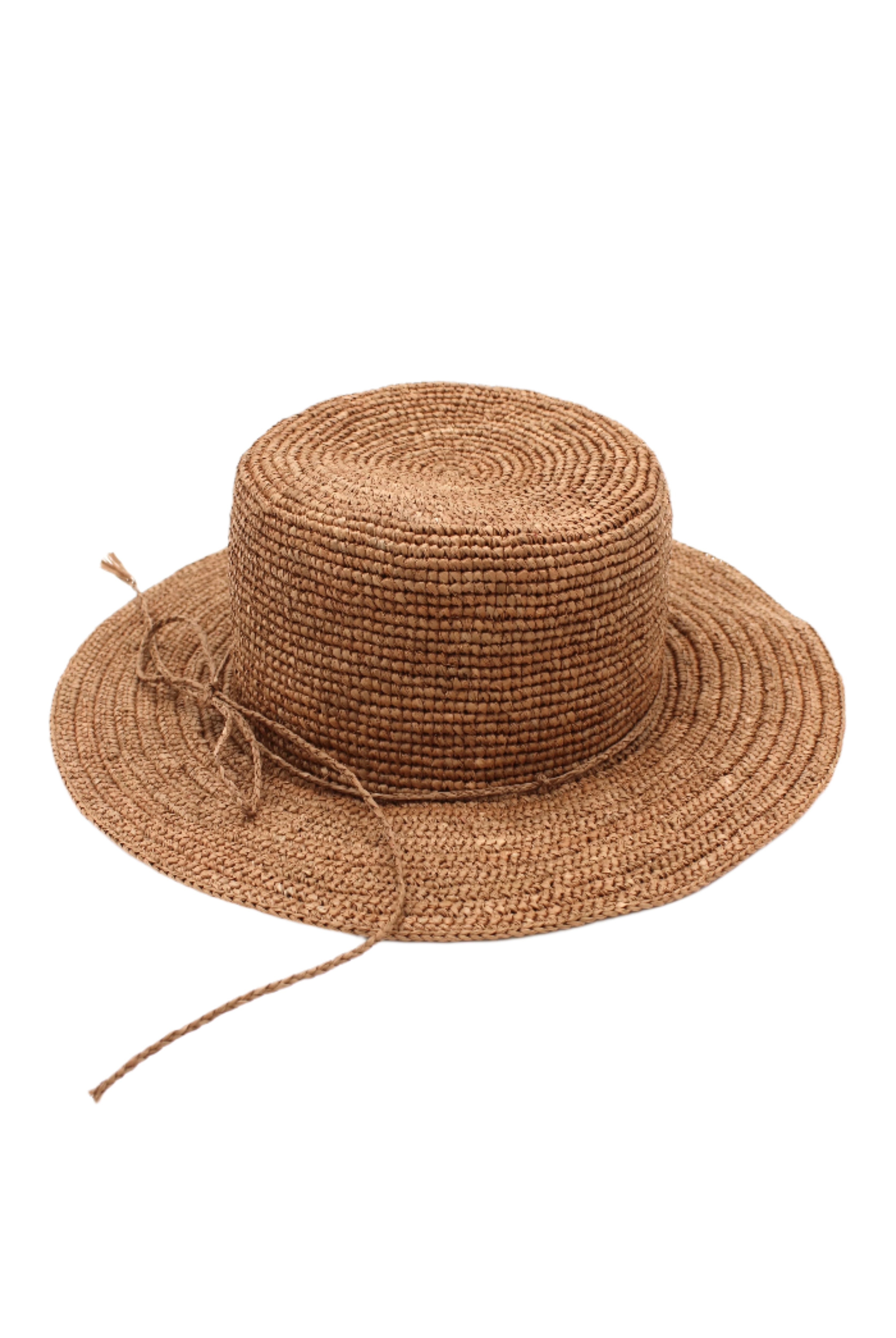 3" Brim Bolero Crochet Straw Sun Hats handmade crochet natural raffia palm fiber in a solid hue of cinnamon dark brown making a concentric pattern from the center top of the flattened crown spiraling out to the edge of the brim with matching adjustable raffia braid hat band - Shebobo
