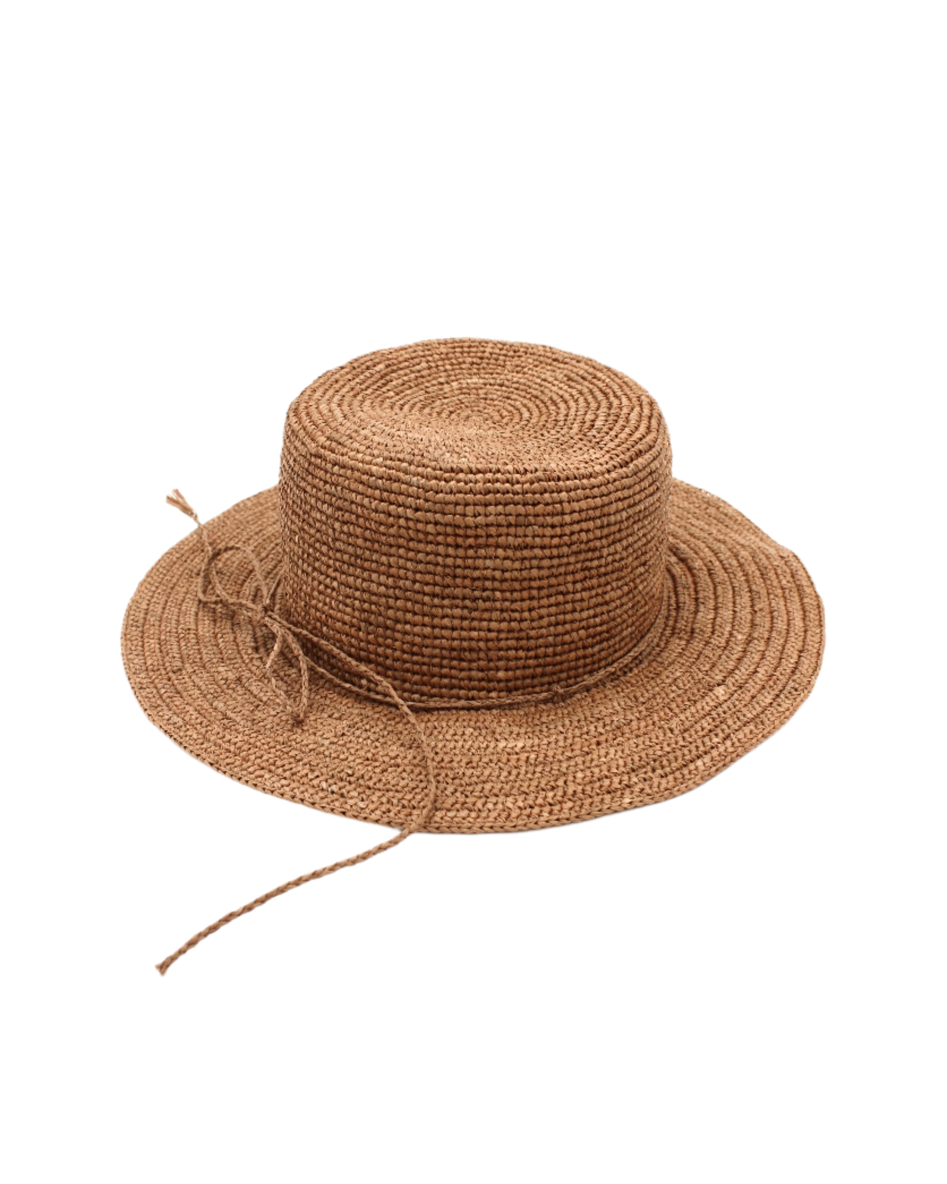 3" Brim Bolero Crochet Straw Sun Hats handmade crochet natural raffia palm fiber in a solid hue of cinnamon dark brown making a concentric pattern from the center top of the flattened crown spiraling out to the edge of the brim with matching adjustable raffia braid hat band - Shebobo