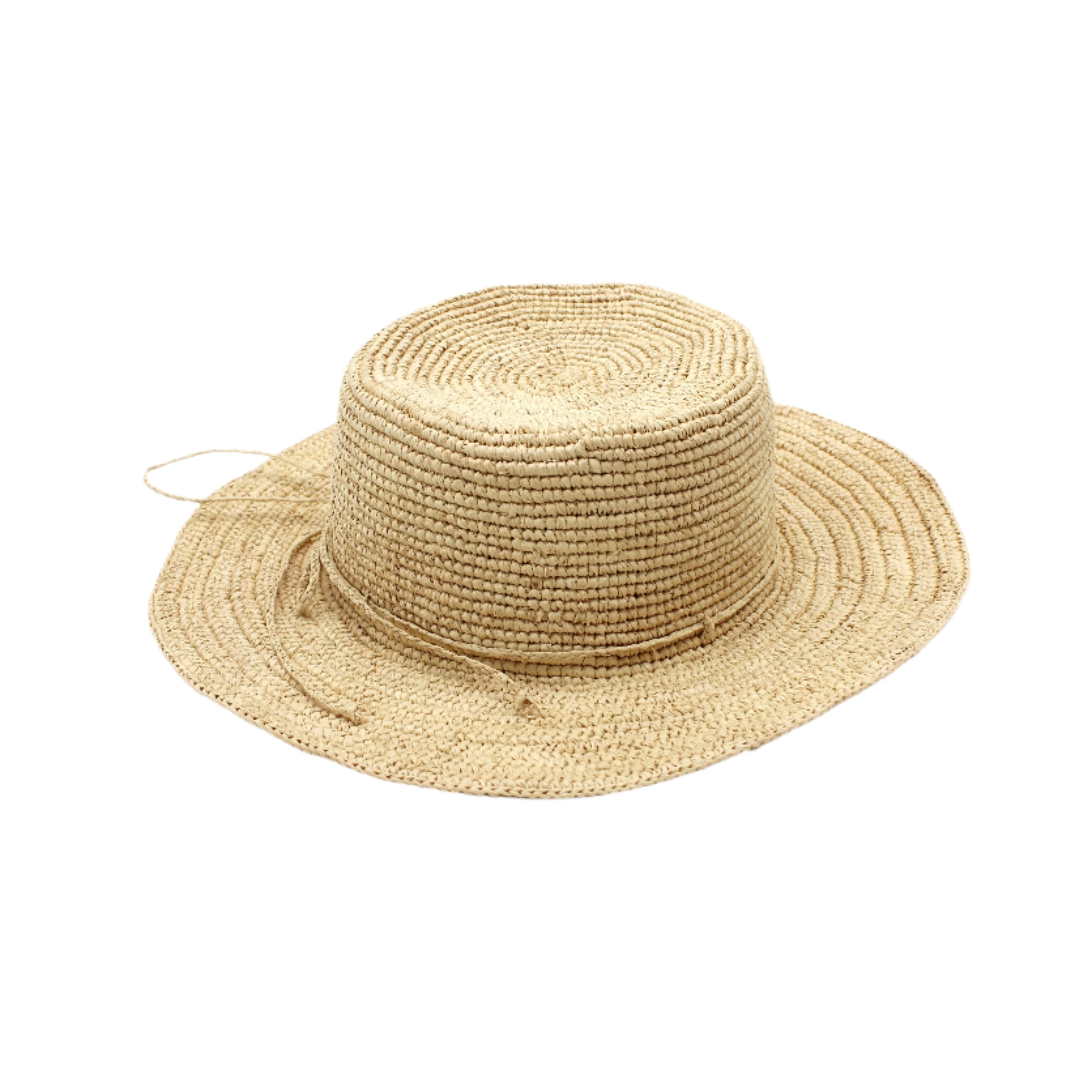 3" Brim Bolero Crochet Straw Sun Hats handmade crochet natural raffia palm fiber in a solid hue of natural straw color making a concentric pattern from the center top of the flattened crown spiraling out to the edge of the brim with matching adjustable raffia braid hat band - Shebobo