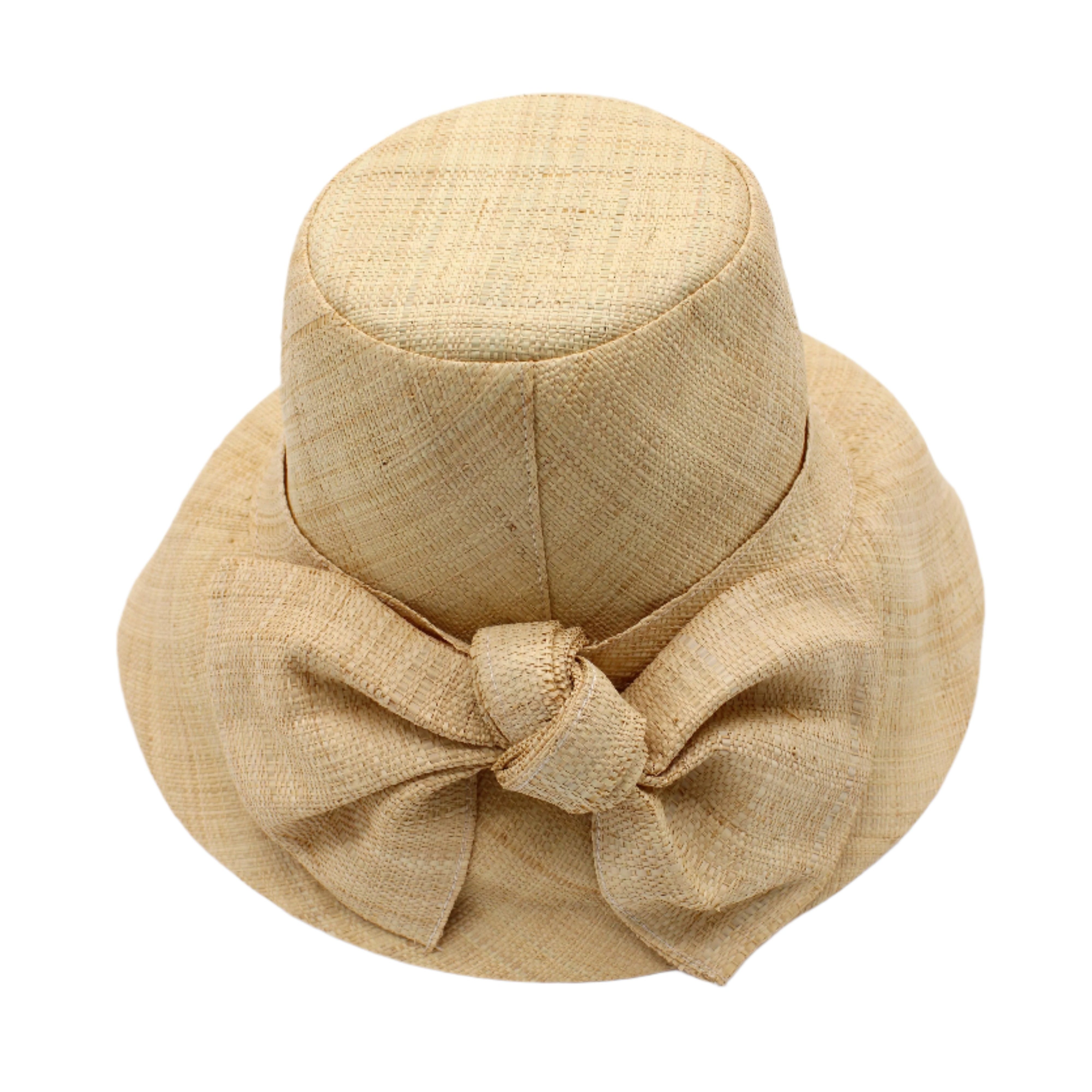 Cara Natural straw color big bow embellishment handmade loomed raffia straw bucket style cloche sun hat with matching oversized bow - Shebobo