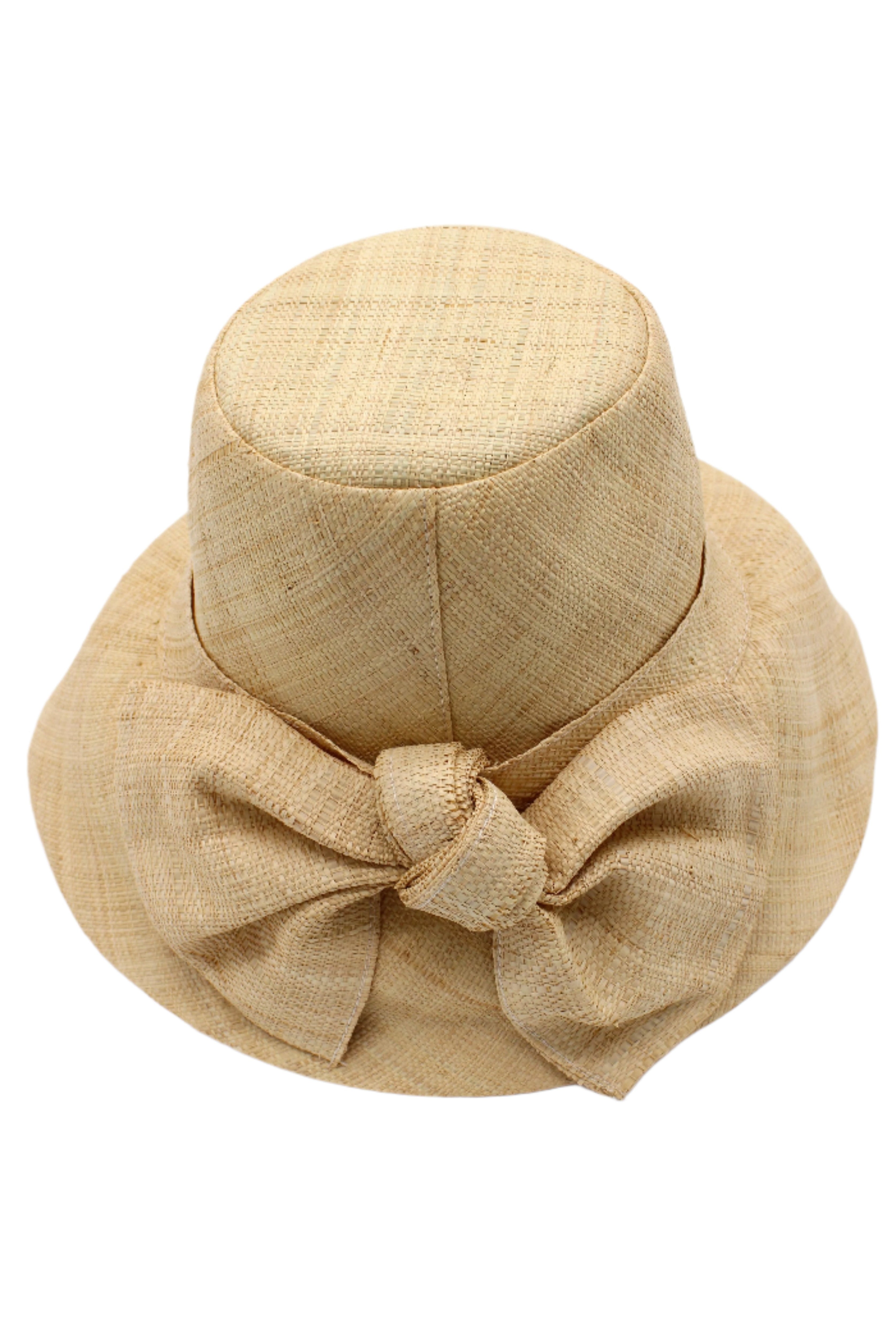 Cara Natural straw color big bow embellishment handmade loomed raffia straw bucket style cloche sun hat with matching oversized bow - Shebobo