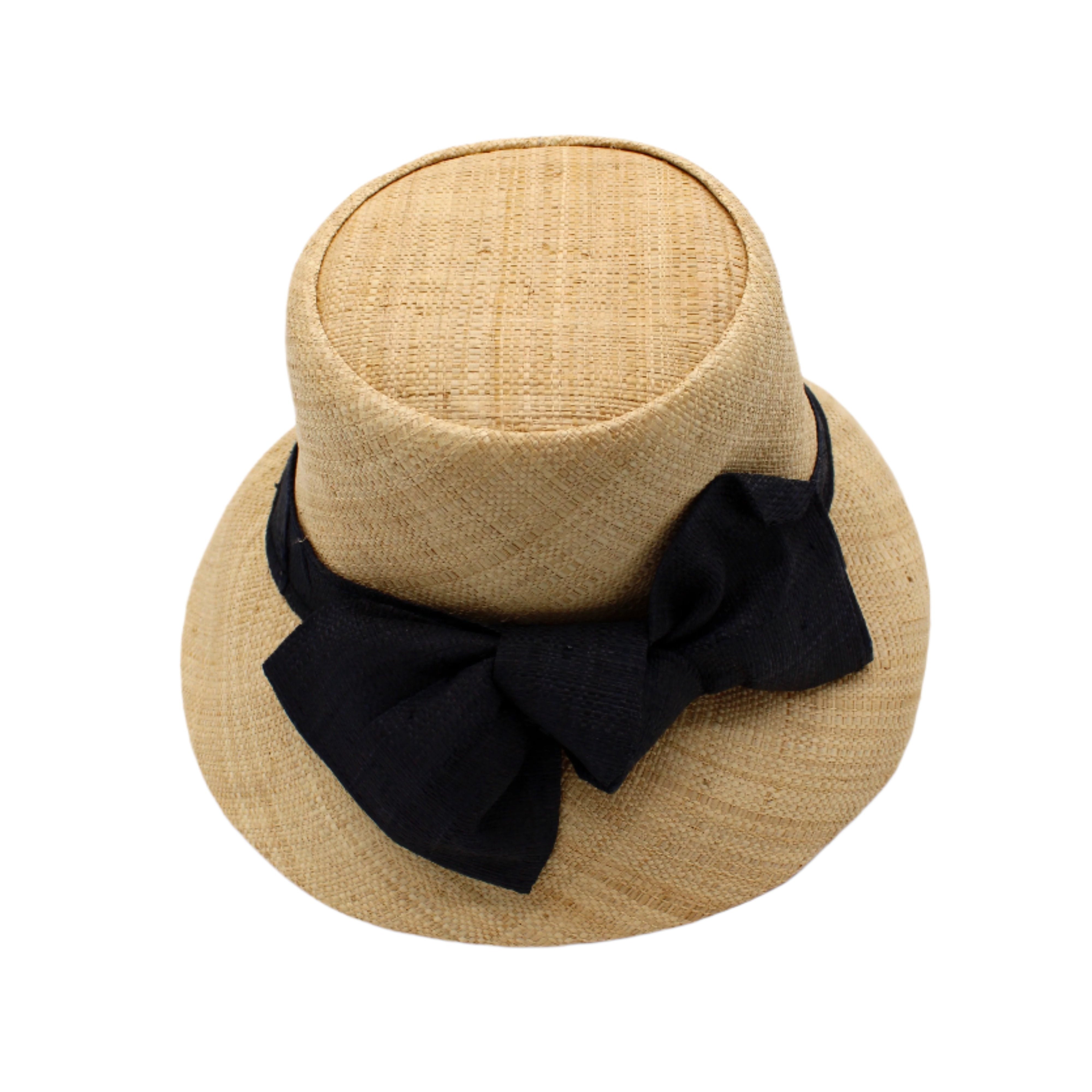 Cara Big Bow Straw Hat Handmade loomed raffia straw hat solid natural bucket hat with large black bow - Shebobo