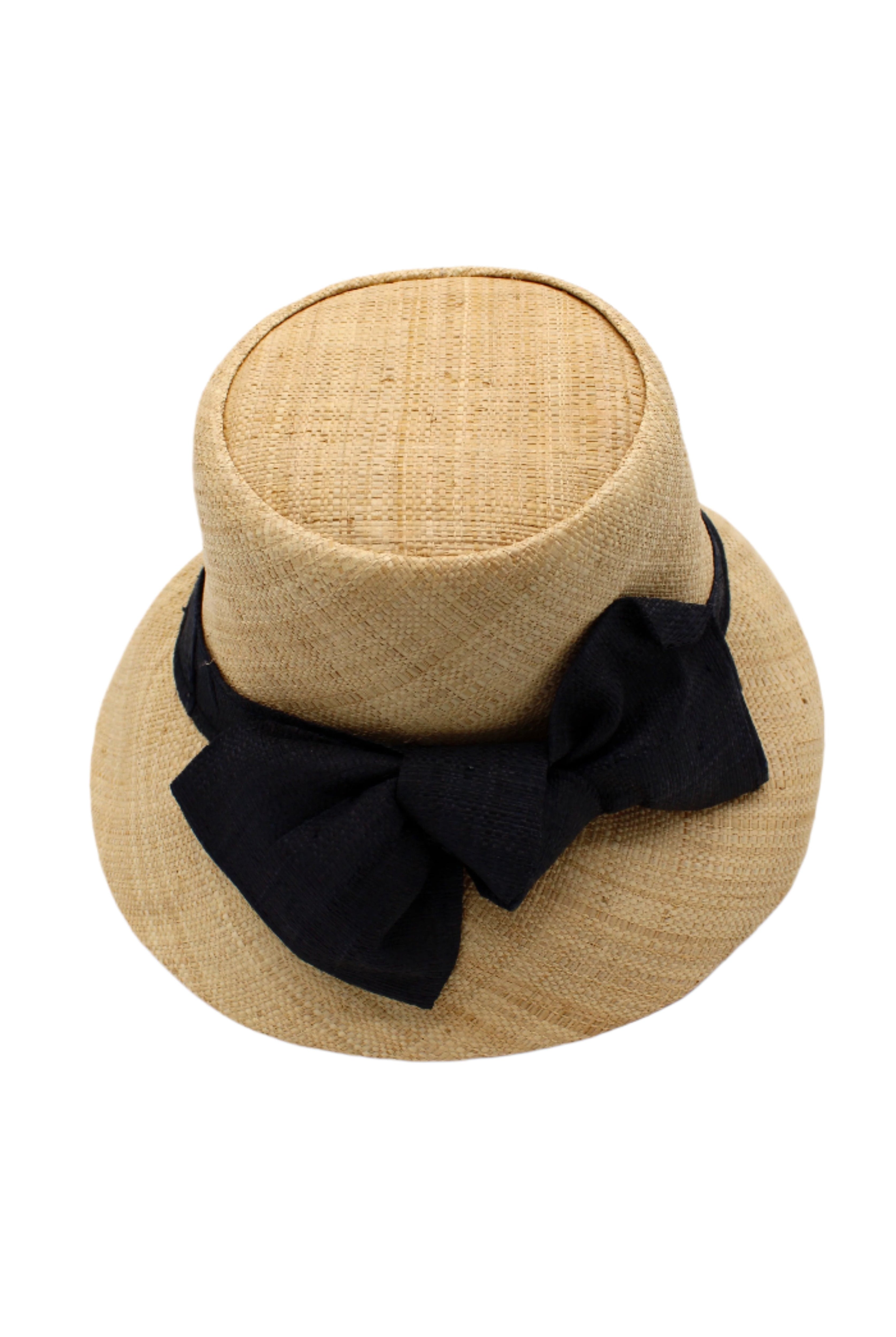 Cara Big Bow Straw Hat Handmade loomed raffia straw hat solid natural bucket hat with large black bow - Shebobo