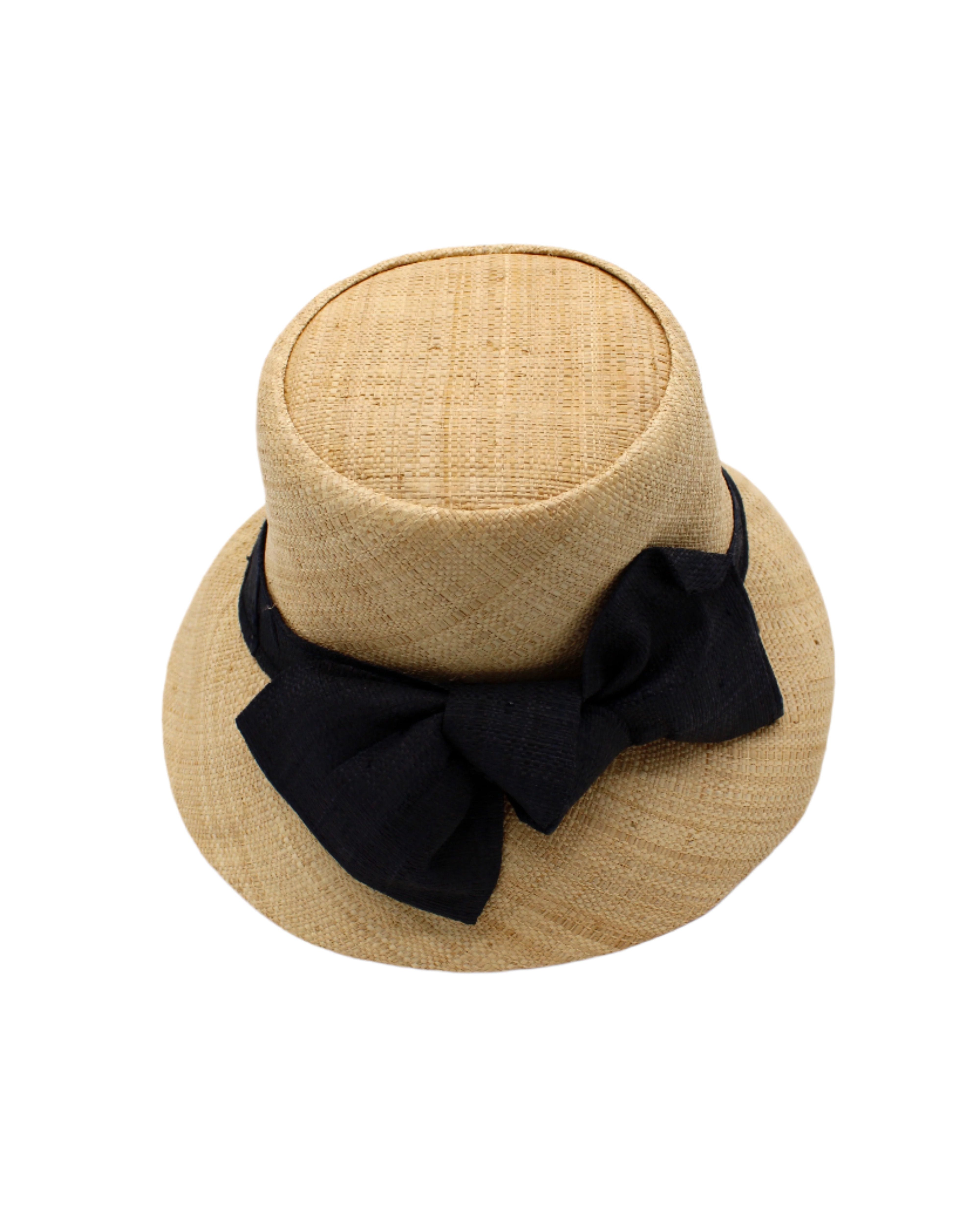 Cara Big Bow Straw Hat Handmade loomed raffia straw hat solid natural bucket hat with large black bow - Shebobo