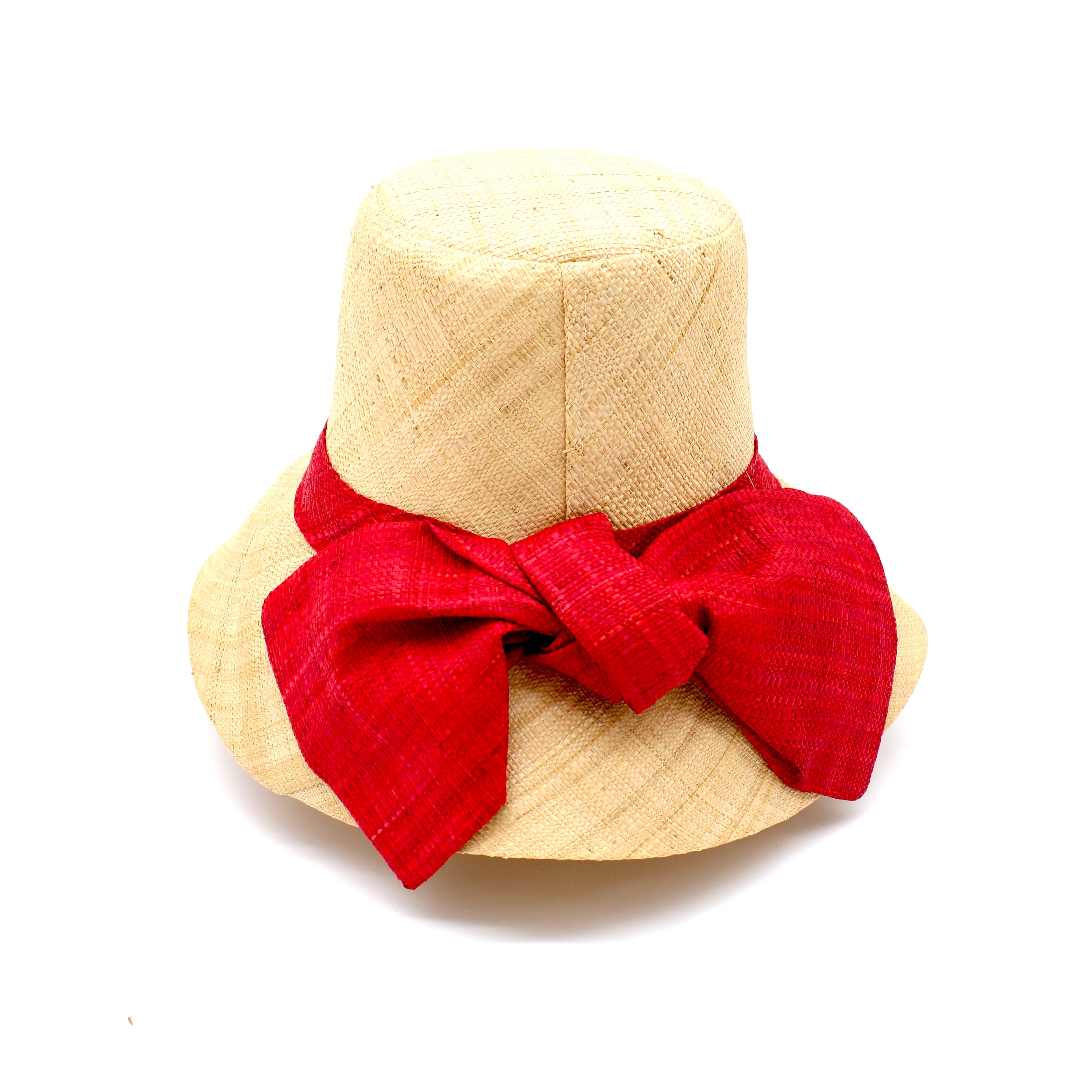 Cara Big Bow Straw Hat Handmade loomed raffia straw hat solid natural bucket hat with large red bow - Shebobo