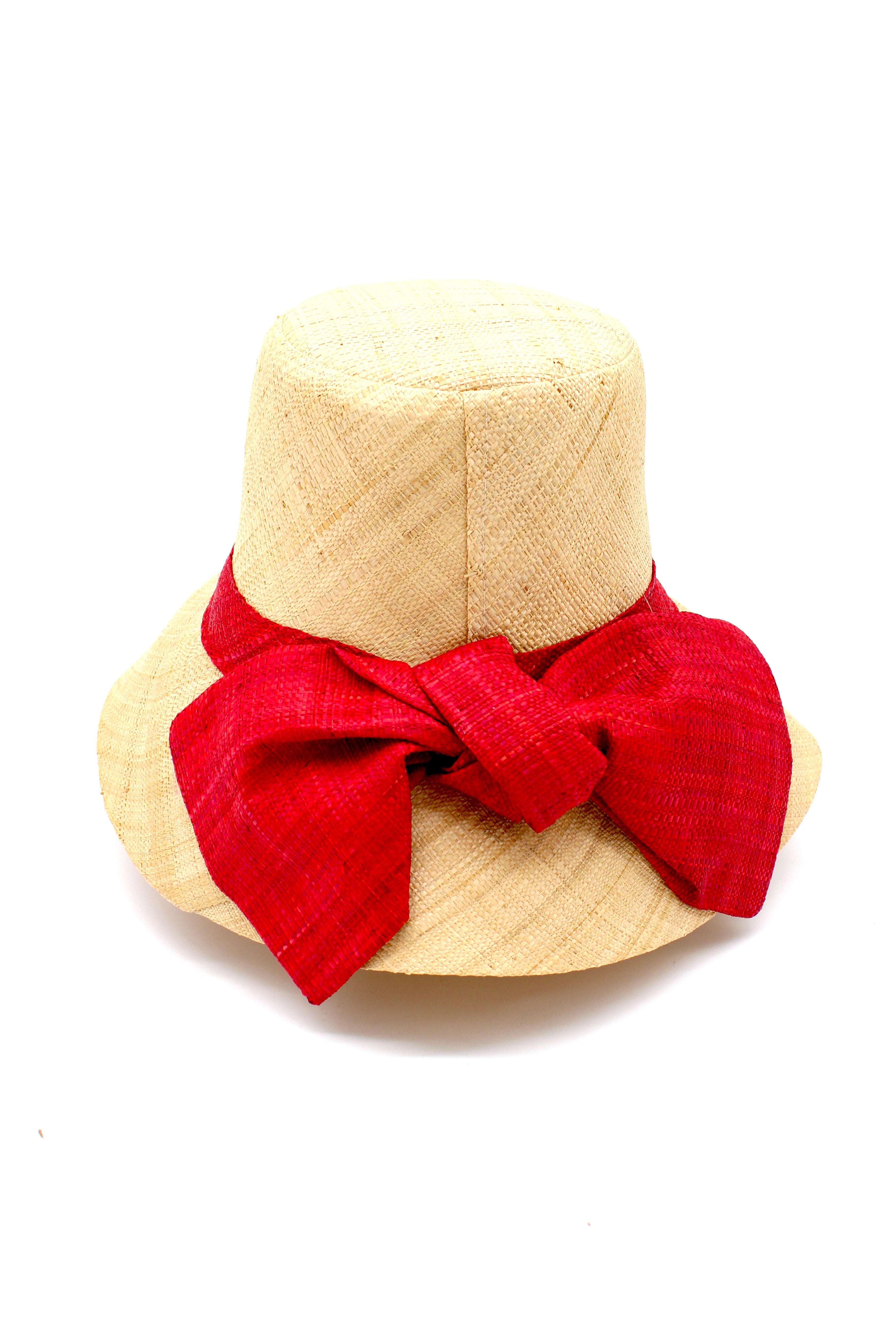 Cara Big Bow Straw Hat Handmade loomed raffia straw hat solid natural bucket hat with large red bow - Shebobo