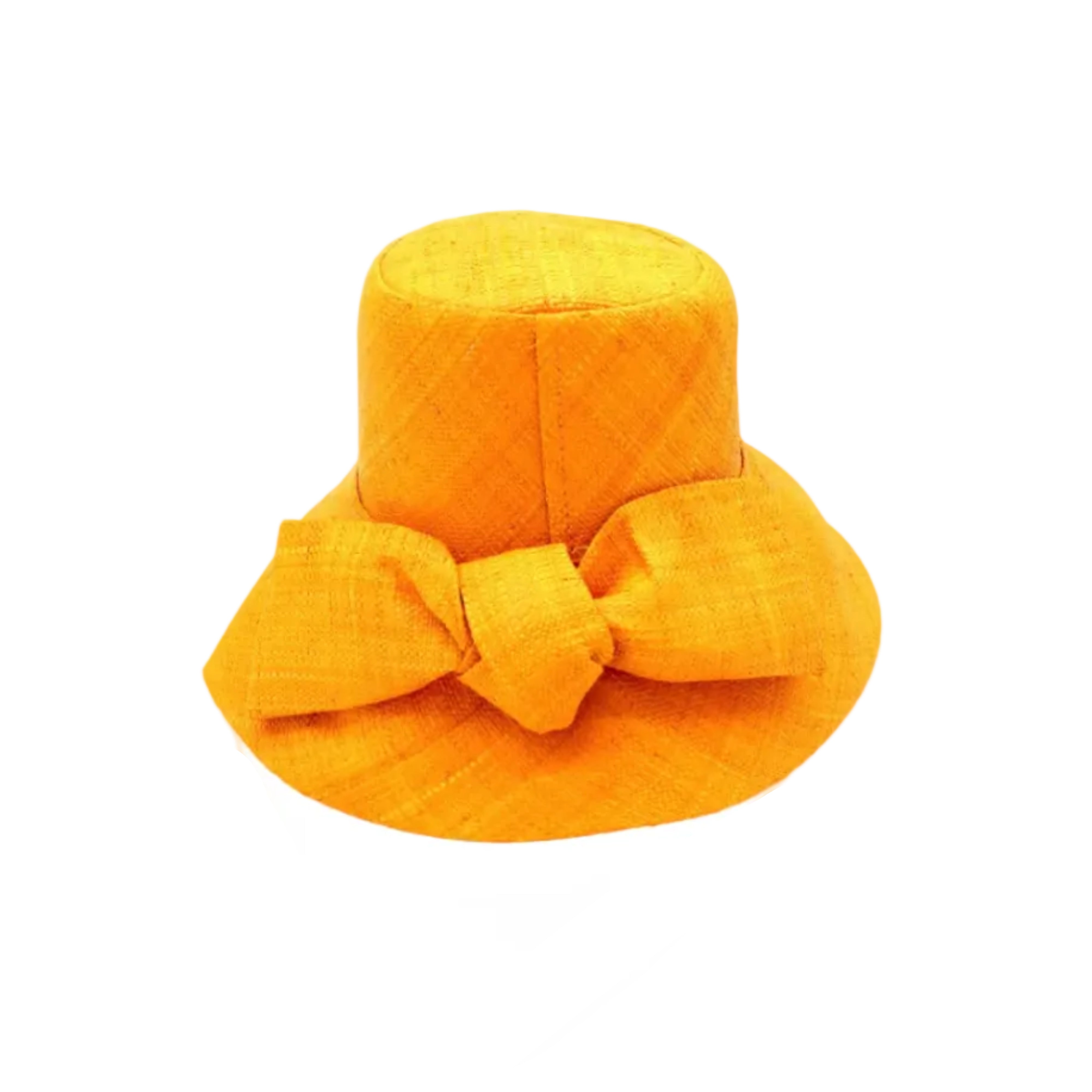 Cara Saffron big bow embellishment handmade loomed raffia in a solid hue of saffron yellow/orange straw bucket style cloche sun hat with matching oversized bow - Shebobo