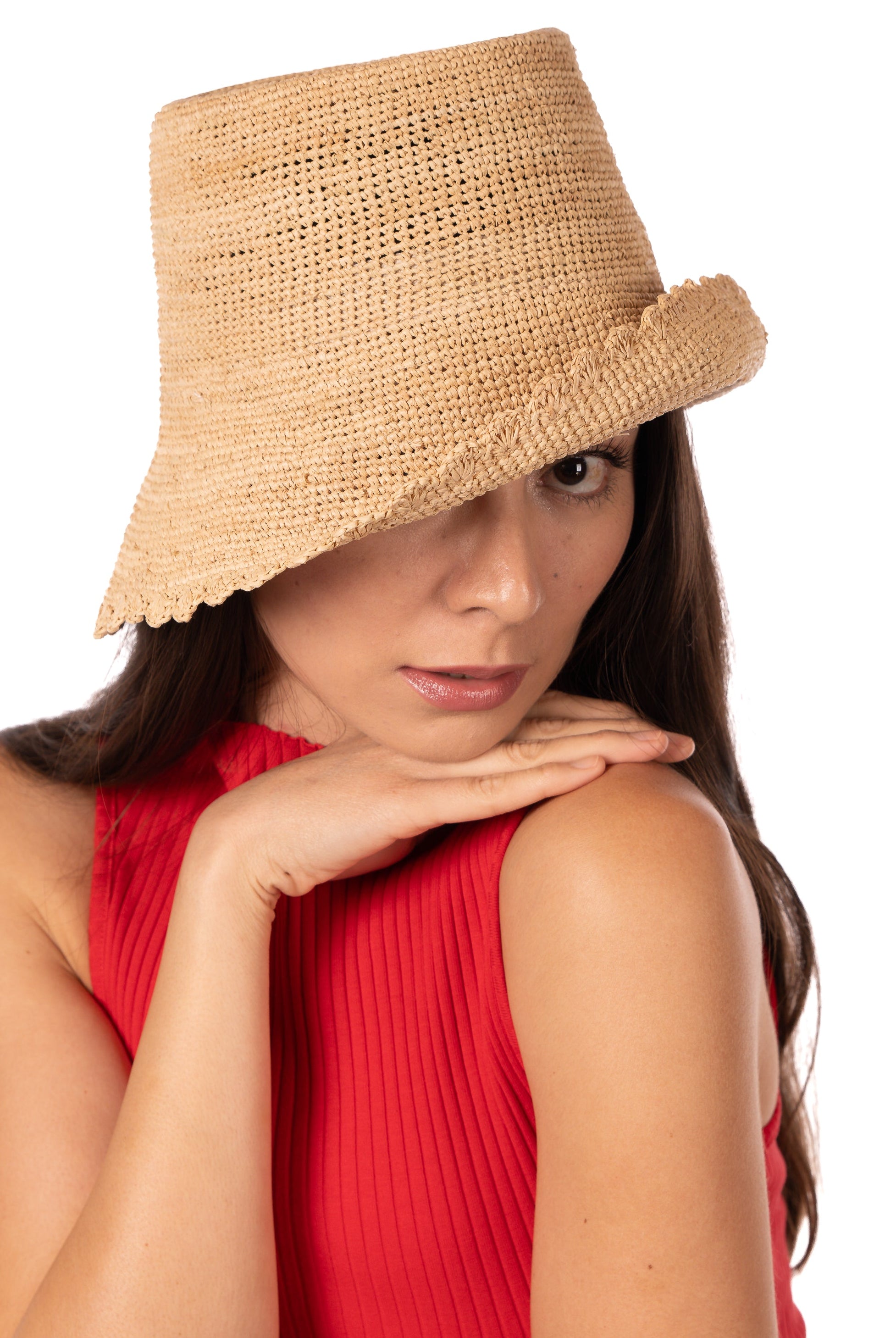 Model wearing Kate Natural Crochet Bucket Straw Hats with Colored Lace Weave Edge handmade woven raffia palm fiber in a solid hue of natural straw color in a subtle link texture with lace weave floral edge trim around the outer brim two tone multicolor uv protection hat - Shebobo