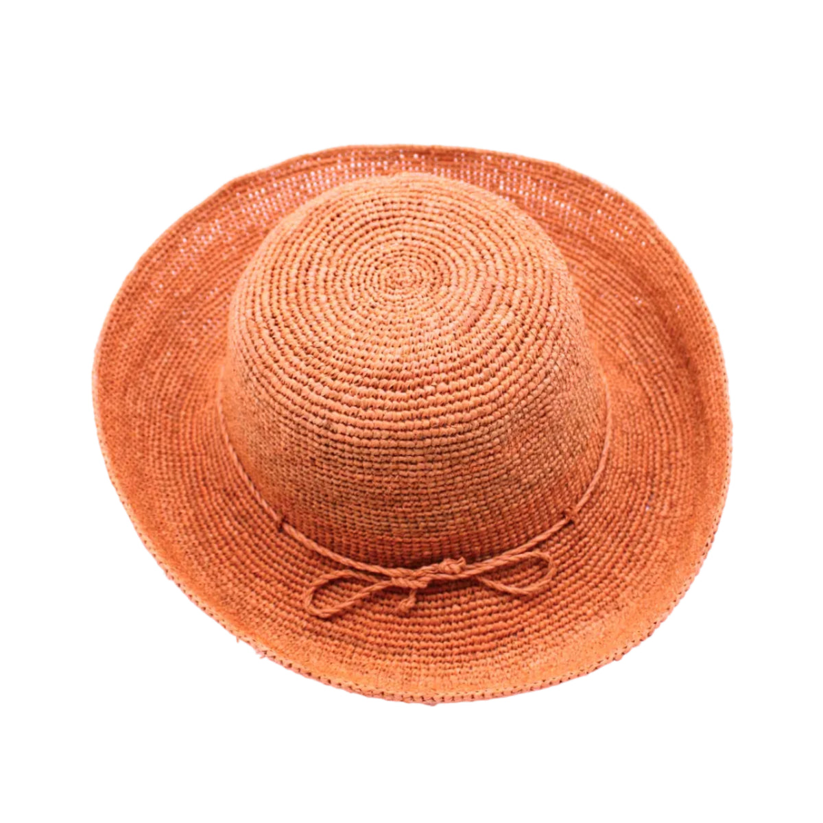 Leor Blush crochet straw hat handmade woven natural raffia palm fiber in a solid hue of blush pink/orange raffia 3" brim packable straw hat with matching adjustable braided hat band - Shebobo