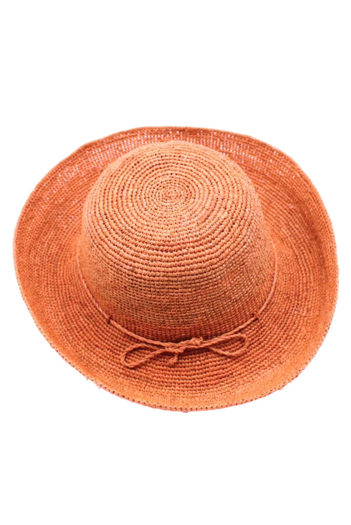 Leor Blush crochet straw hat handmade woven natural raffia palm fiber in a solid hue of blush pink/orange raffia 3" brim packable straw hat with matching adjustable braided hat band - Shebobo