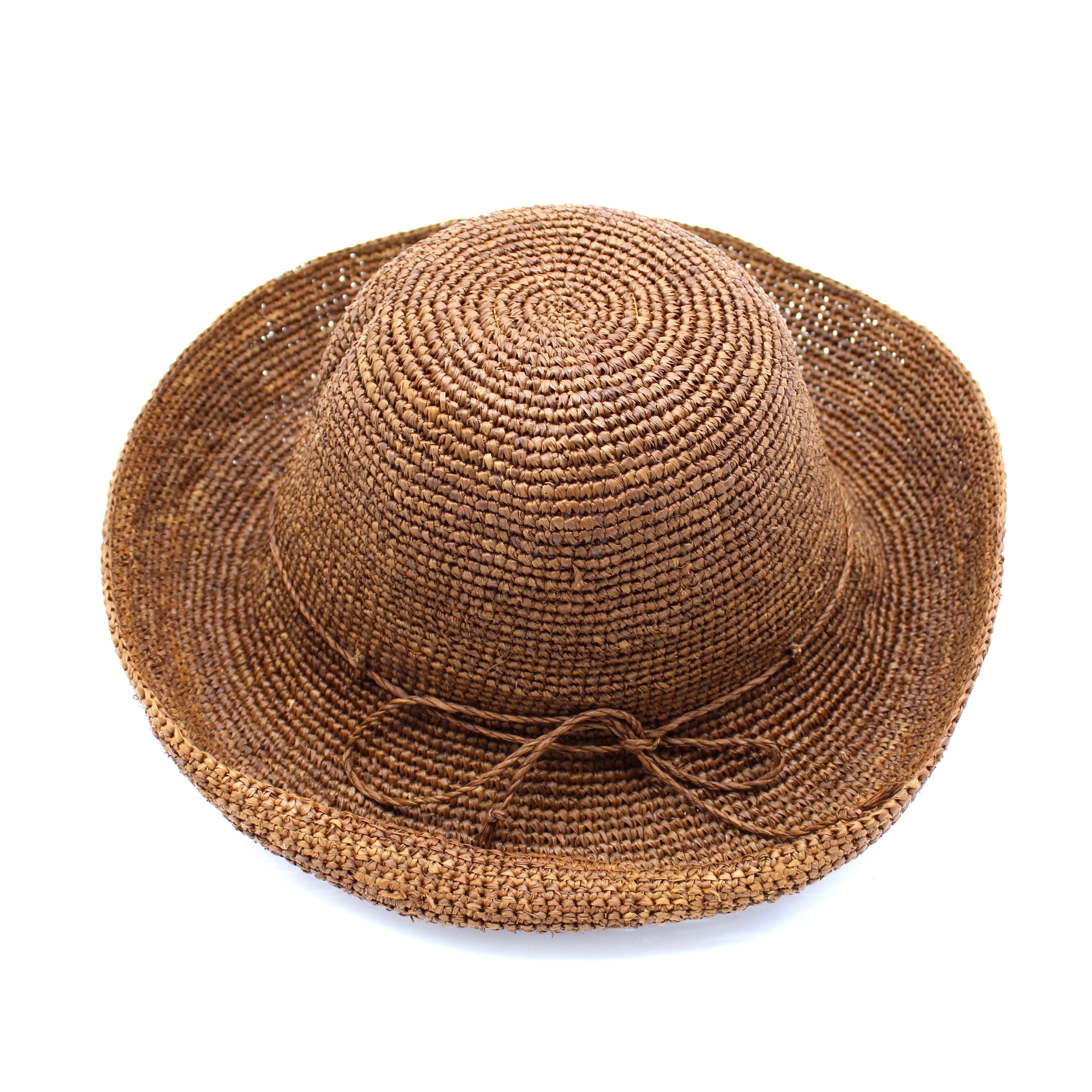 Leor Cinnamon crochet straw hat handmade woven natural raffia palm fiber in a solid hue of cinnamon/tobacco/brown 3" brim packable straw hat with matching adjustable braided hat band - Shebobo
