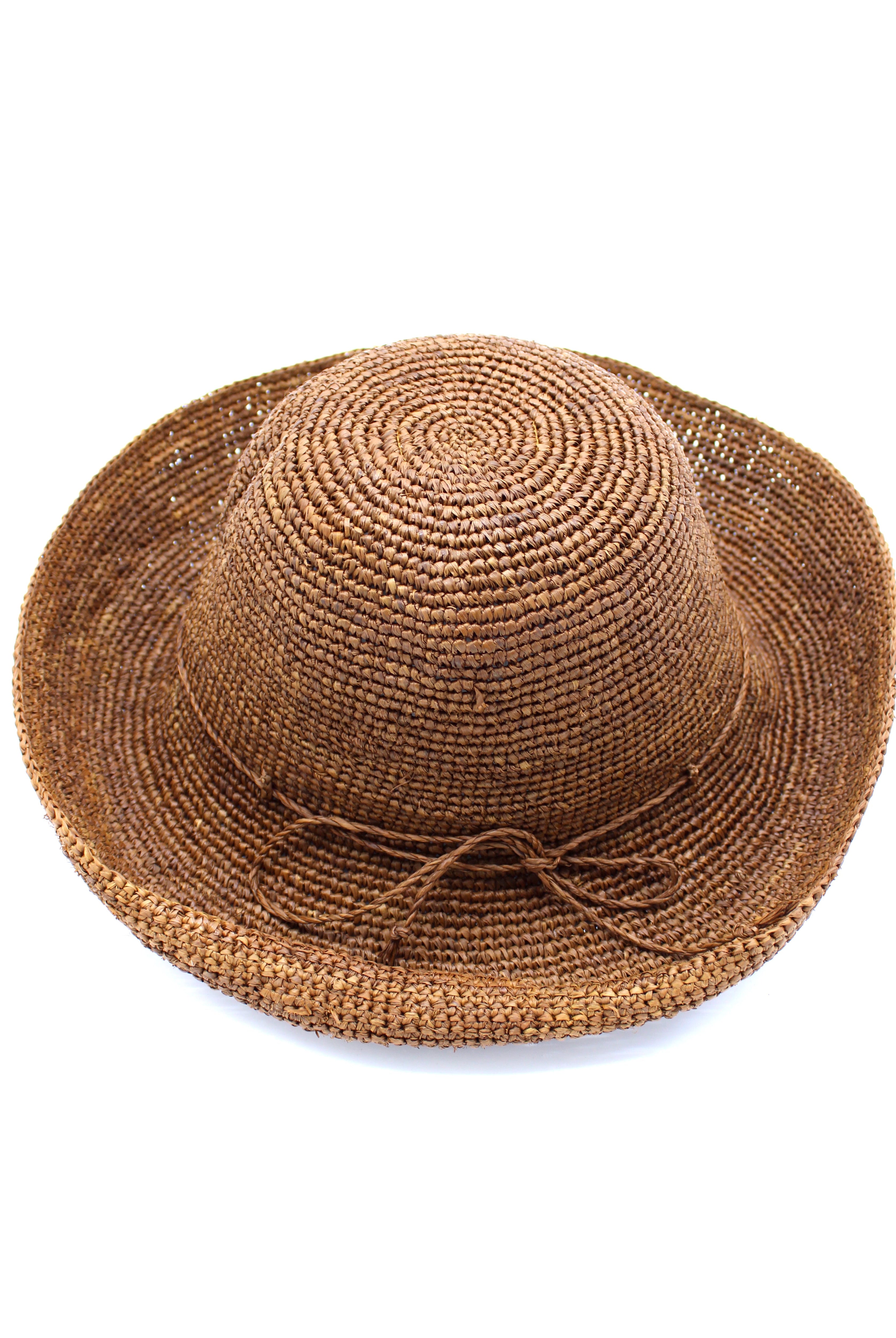 Leor Cinnamon crochet straw hat handmade woven natural raffia palm fiber in a solid hue of cinnamon/tobacco/brown 3" brim packable straw hat with matching adjustable braided hat band - Shebobo