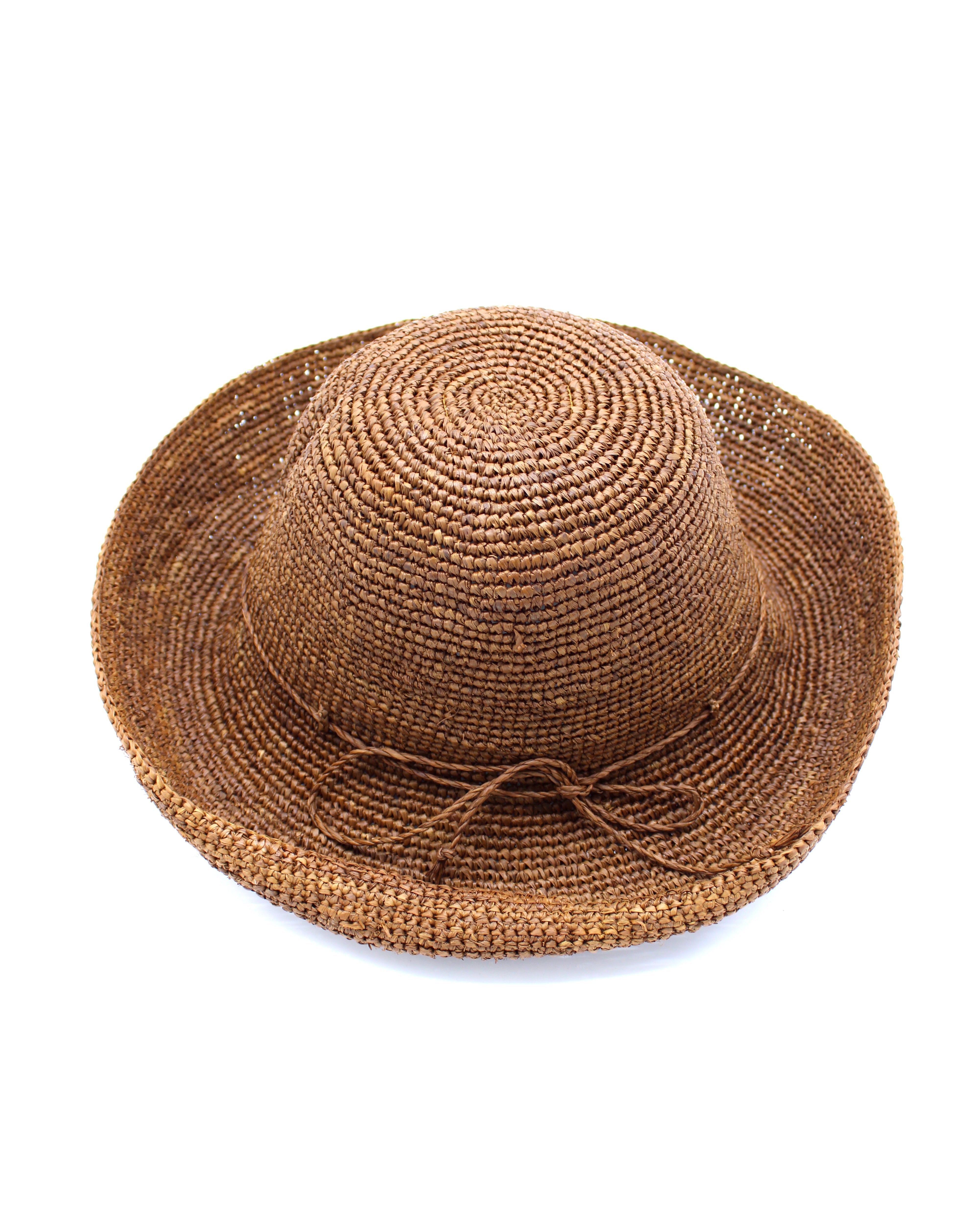 Leor Cinnamon crochet straw hat handmade woven natural raffia palm fiber in a solid hue of cinnamon/tobacco/brown 3" brim packable straw hat with matching adjustable braided hat band - Shebobo