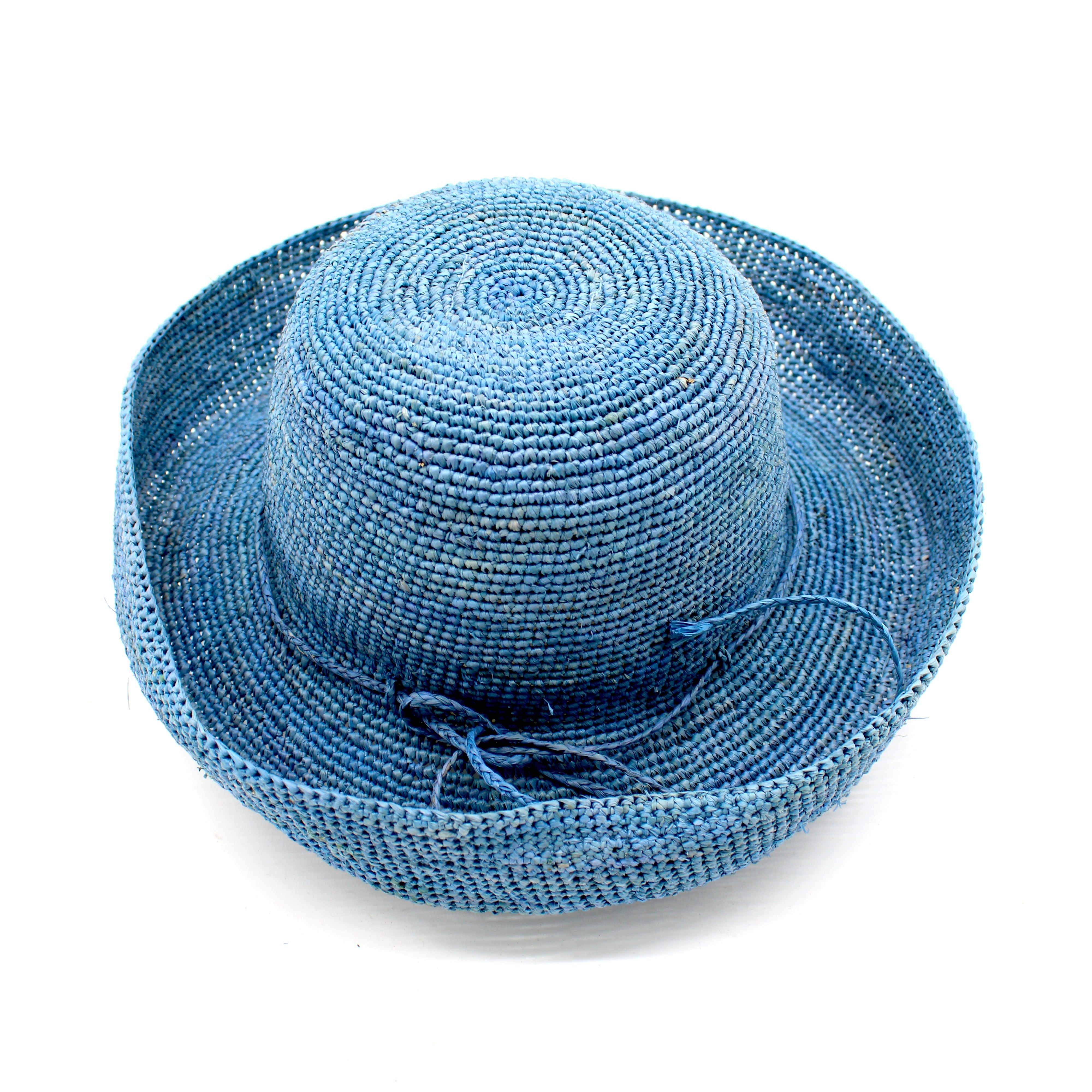 Leor Denim crochet straw hat handmade woven natural raffia palm fiber in a solid hue of denim/retro/light/blue color 3" brim packable straw hat with matching adjustable braided hat band - Shebobo