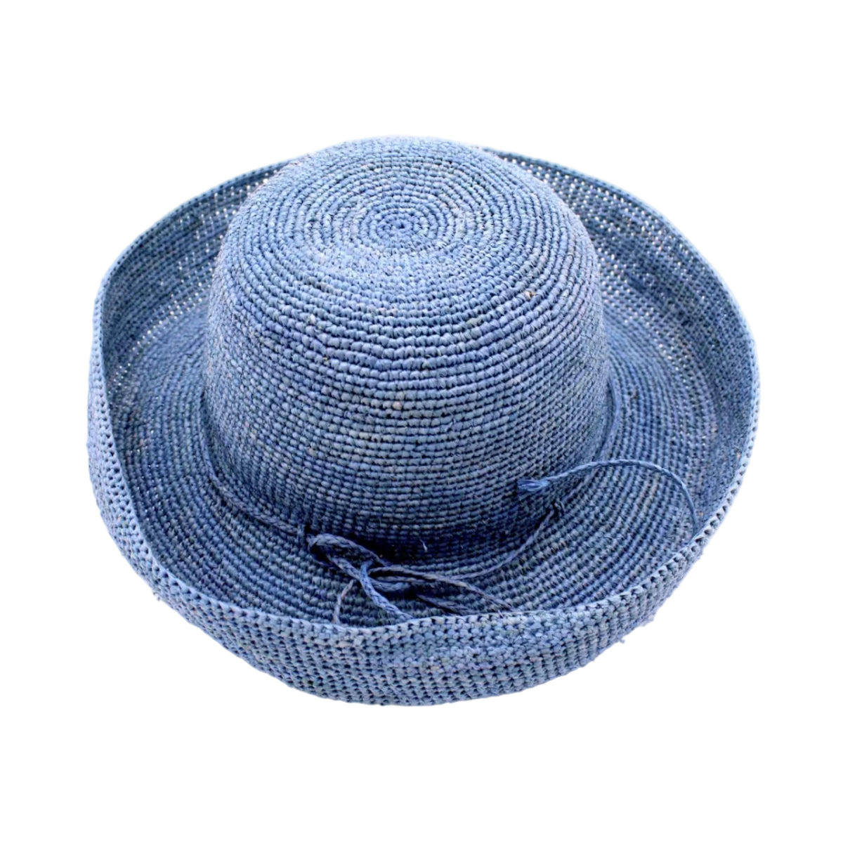 Leor Denim crochet straw hat handmade woven natural raffia palm fiber in a solid hue of denim/retro/light/blue color 3" brim packable straw hat with matching adjustable braided hat band - Shebobo