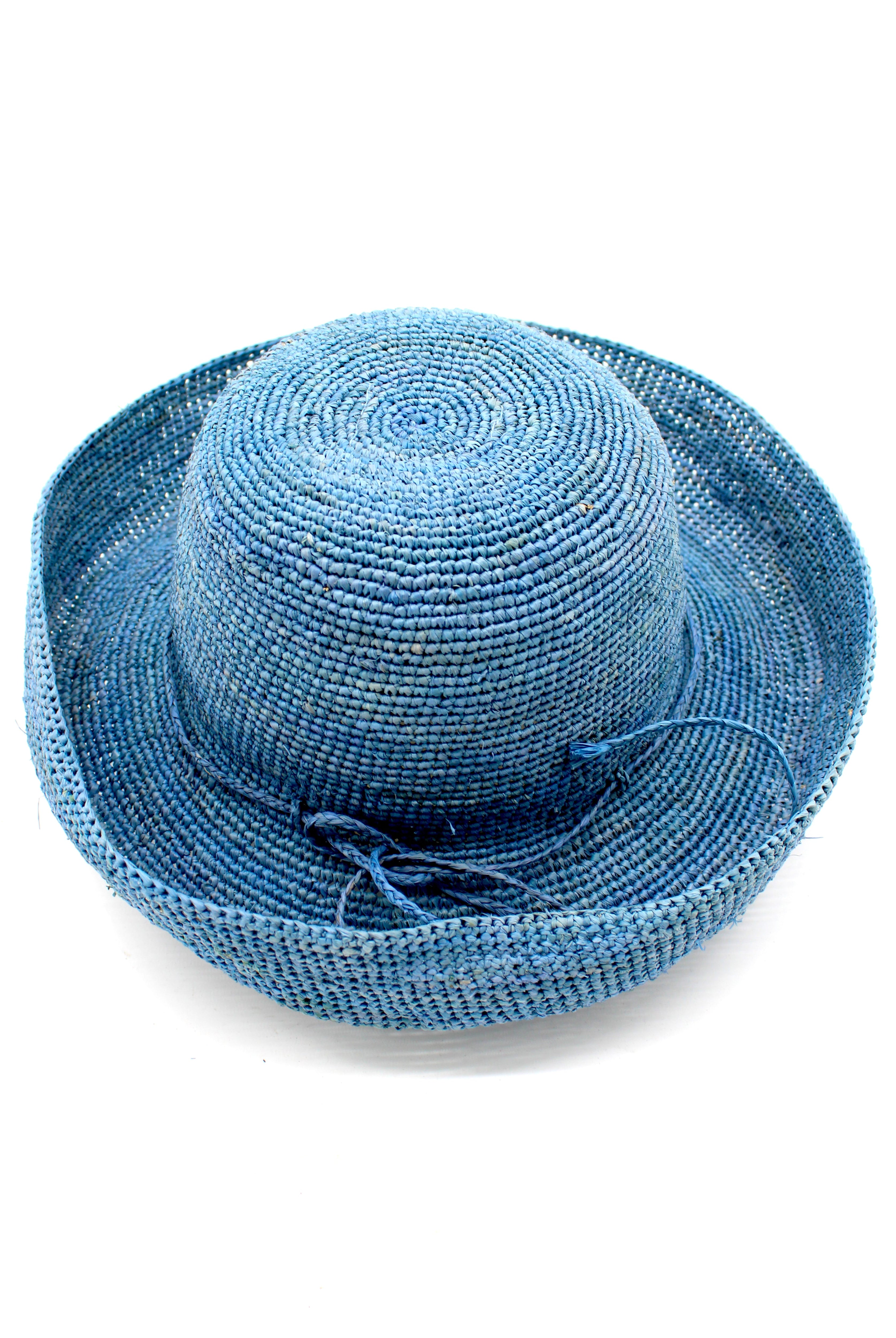 Leor Denim crochet straw hat handmade woven natural raffia palm fiber in a solid hue of denim/retro/light/blue color 3" brim packable straw hat with matching adjustable braided hat band - Shebobo