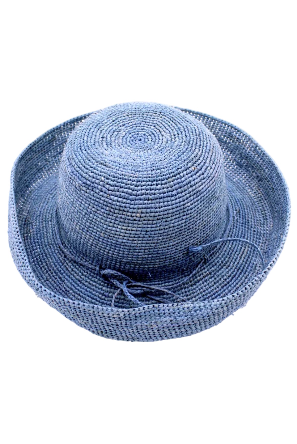 Leor Denim crochet straw hat handmade woven natural raffia palm fiber in a solid hue of denim/retro/light/blue color 3" brim packable straw hat with matching adjustable braided hat band - Shebobo