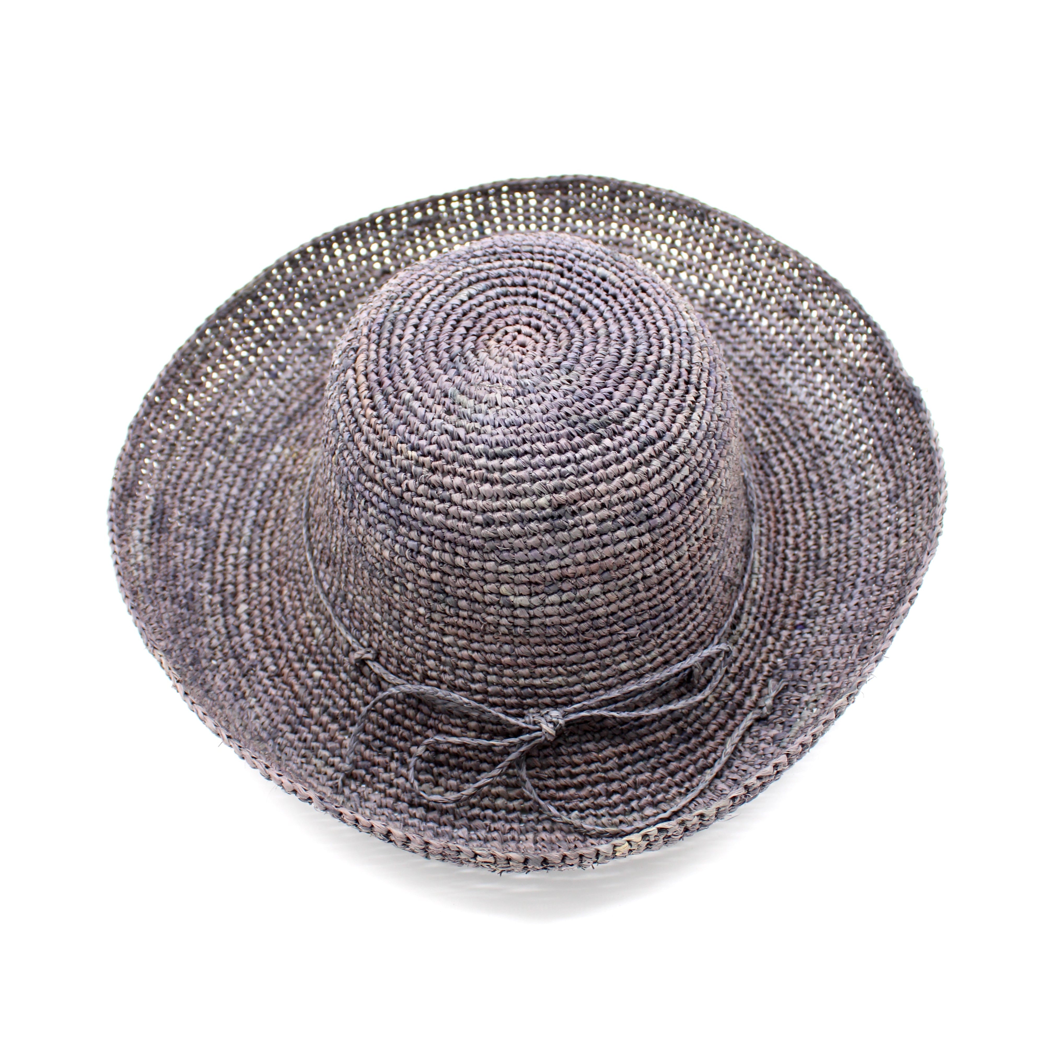 Leor Grey crochet straw hat handmade woven natural raffia palm fiber in a solid hue of grey raffia 3" brim packable straw hat with matching adjustable braided hat band - Shebobo