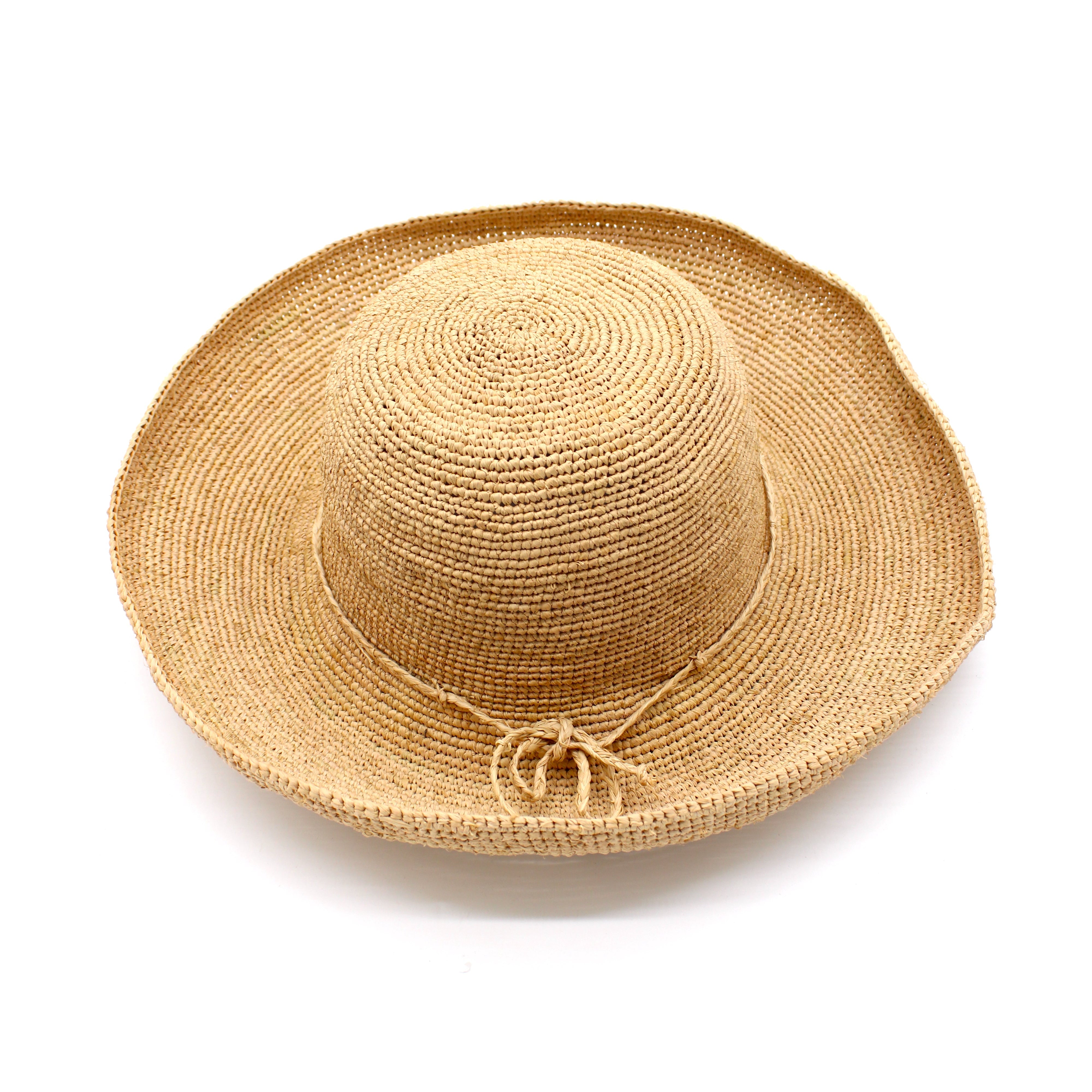 Leor Natural crochet straw hat handmade woven natural raffia palm fiber in a solid hue of natural straw color 3" brim packable straw hat with matching adjustable braided hat band - Shebobo