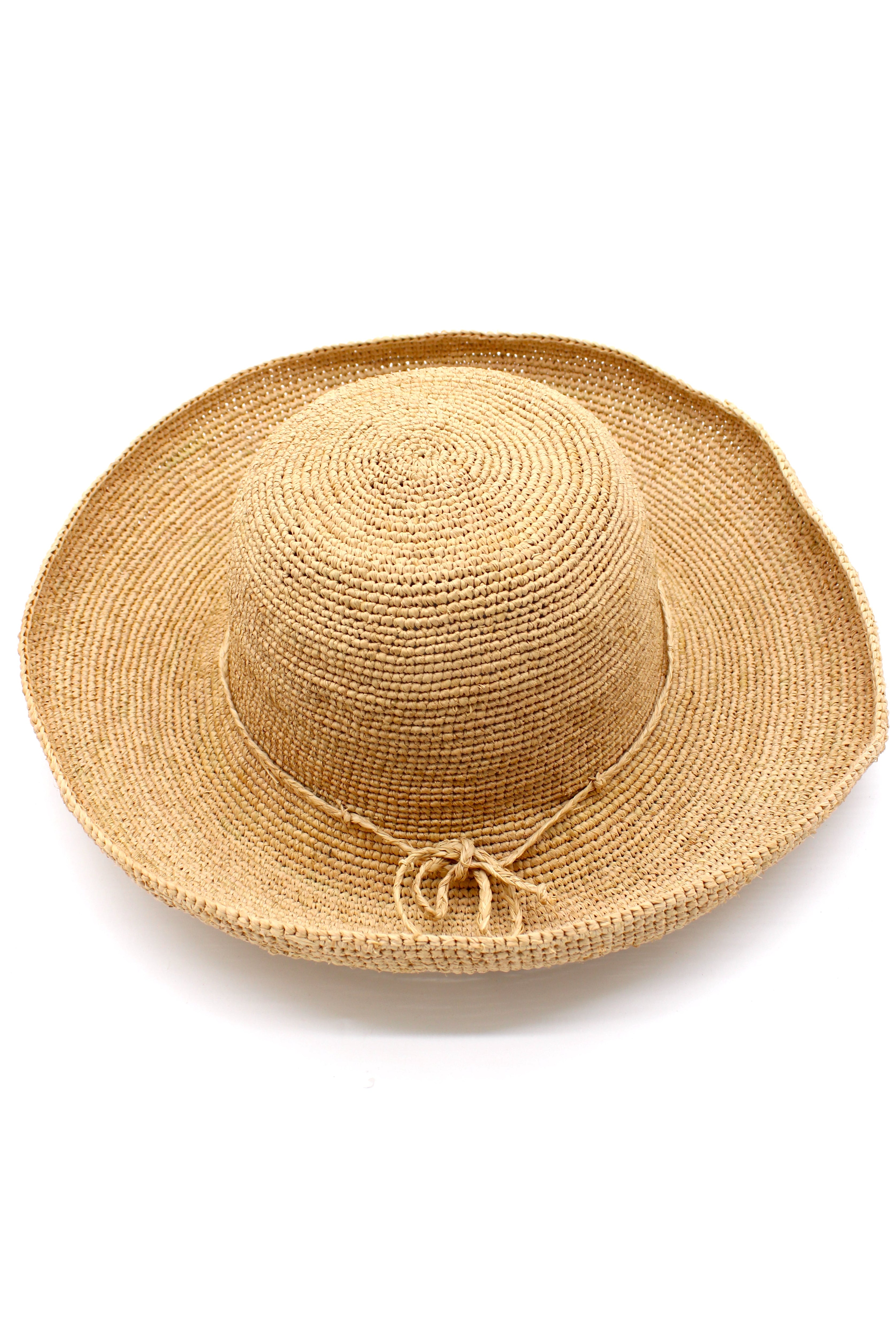 Leor Natural crochet straw hat handmade woven natural raffia palm fiber in a solid hue of natural straw color 3" brim packable straw hat with matching adjustable braided hat band - Shebobo