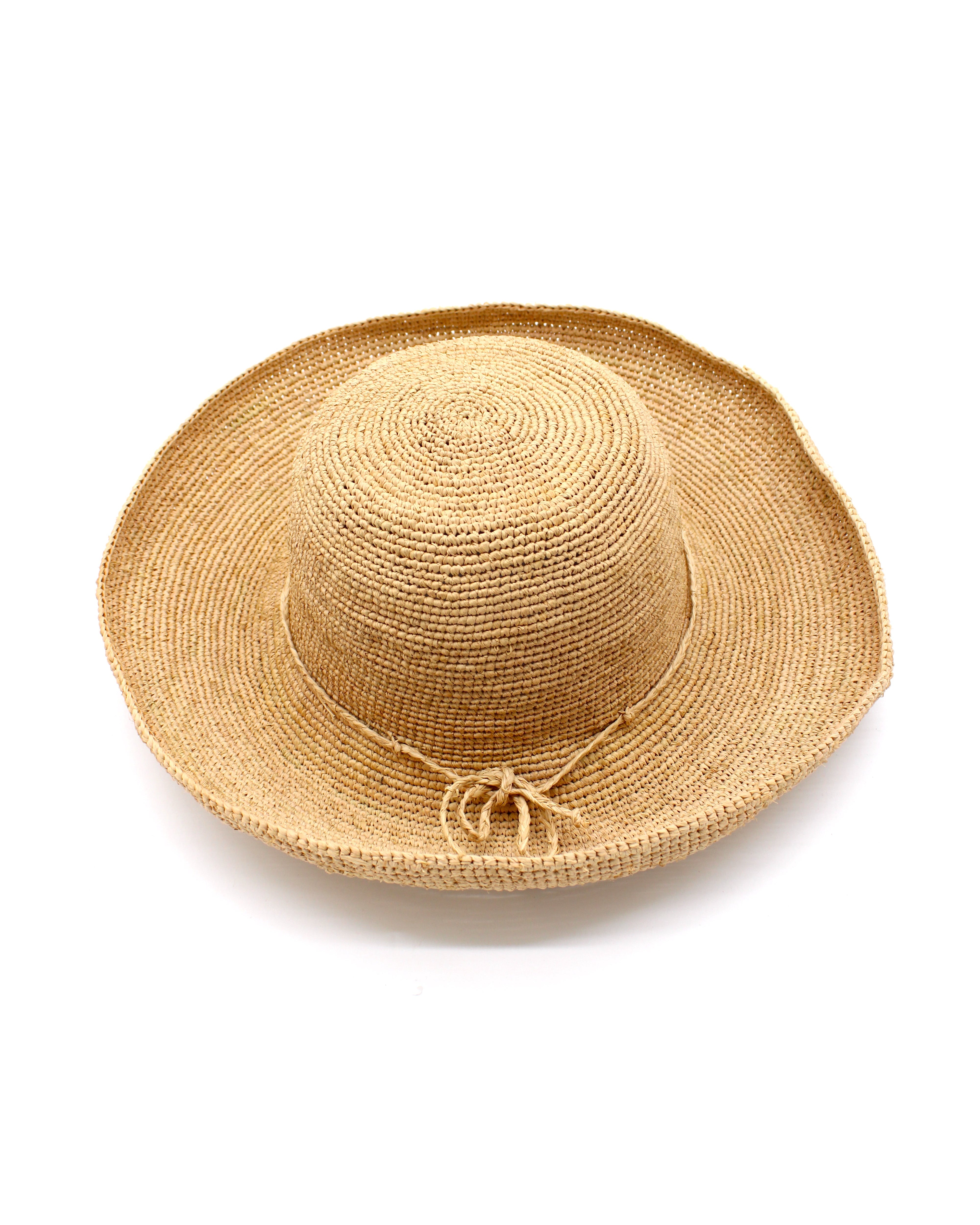Leor Natural crochet straw hat handmade woven natural raffia palm fiber in a solid hue of natural straw color 3" brim packable straw hat with matching adjustable braided hat band - Shebobo