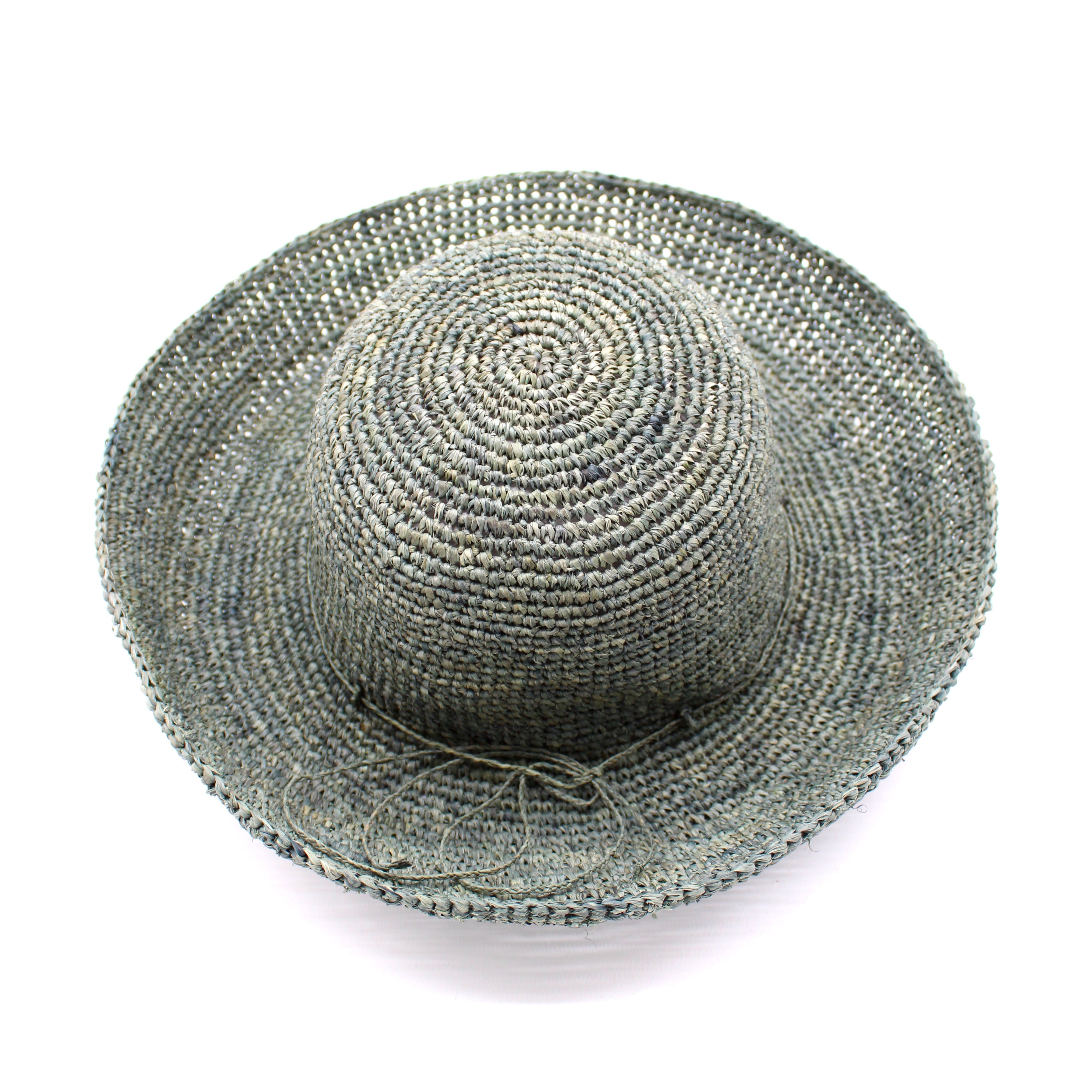 Leor Ocean Mist crochet straw hat handmade woven natural raffia palm fiber in a solid hue of ocean mist/sage/pale/grey green color 3" brim packable straw hat with matching adjustable braided hat band - Shebobo
