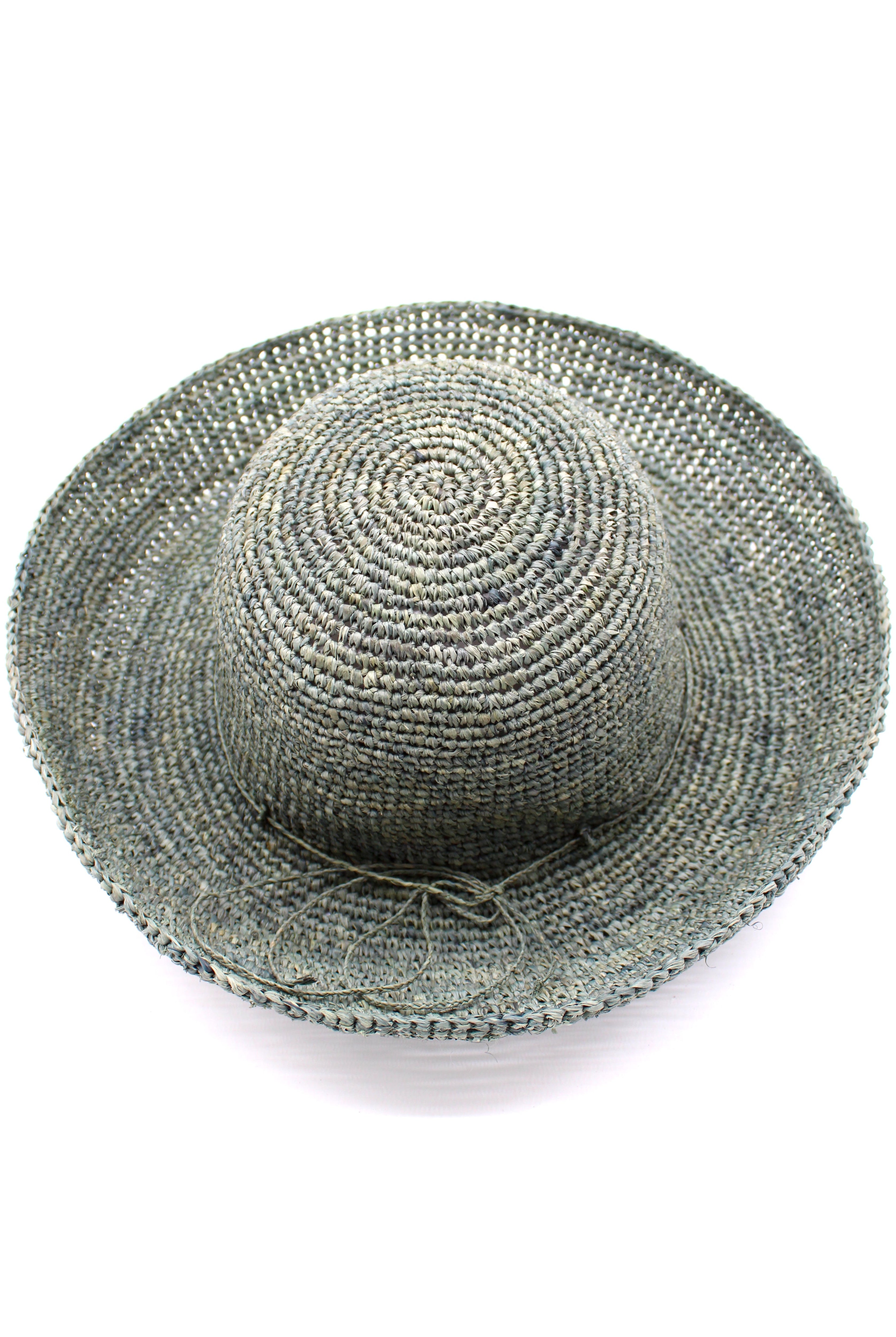 Leor Ocean Mist crochet straw hat handmade woven natural raffia palm fiber in a solid hue of ocean mist/sage/pale/grey green color 3" brim packable straw hat with matching adjustable braided hat band - Shebobo