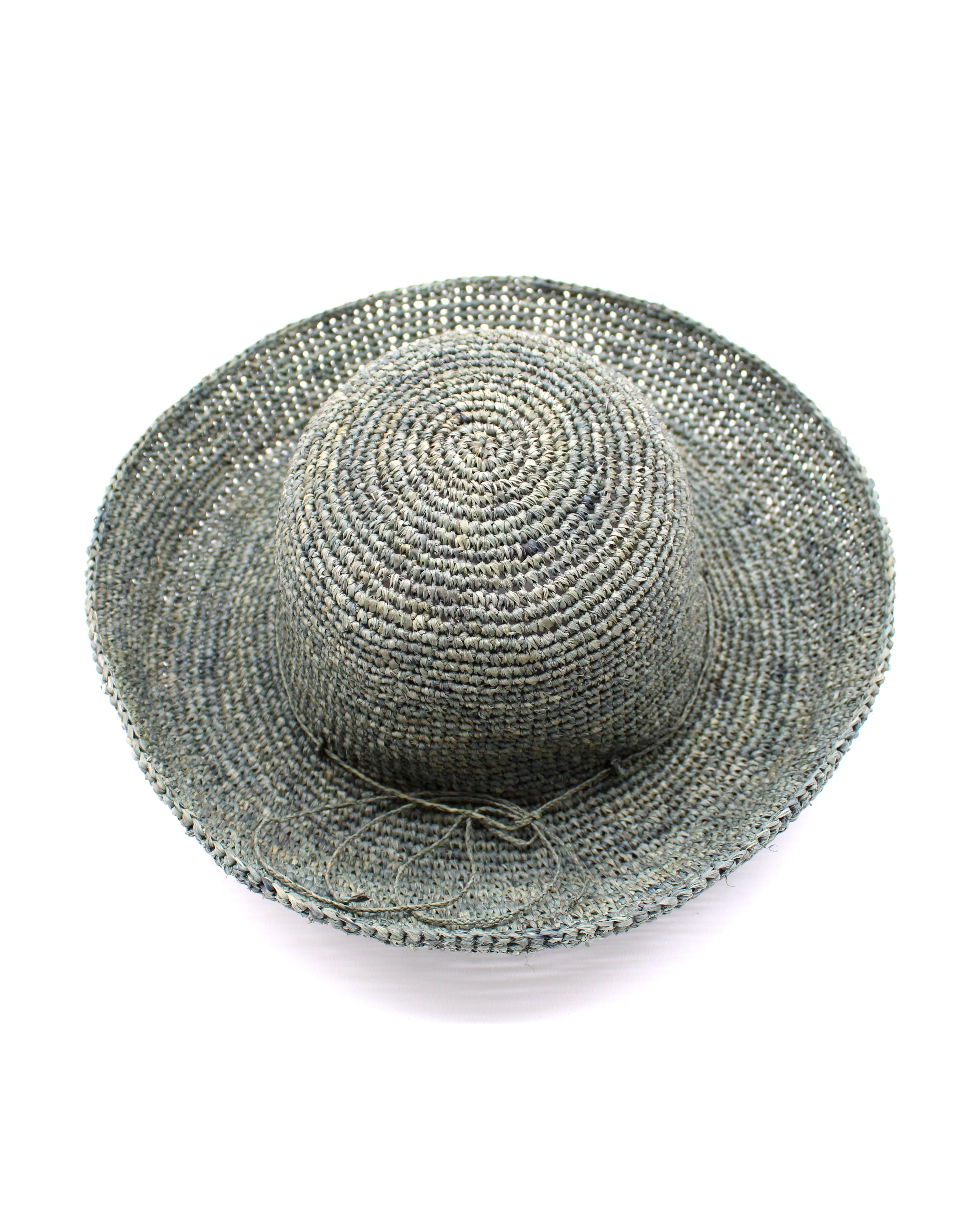 Leor Ocean Mist crochet straw hat handmade woven natural raffia palm fiber in a solid hue of ocean mist/sage/pale/grey green color 3" brim packable straw hat with matching adjustable braided hat band - Shebobo
