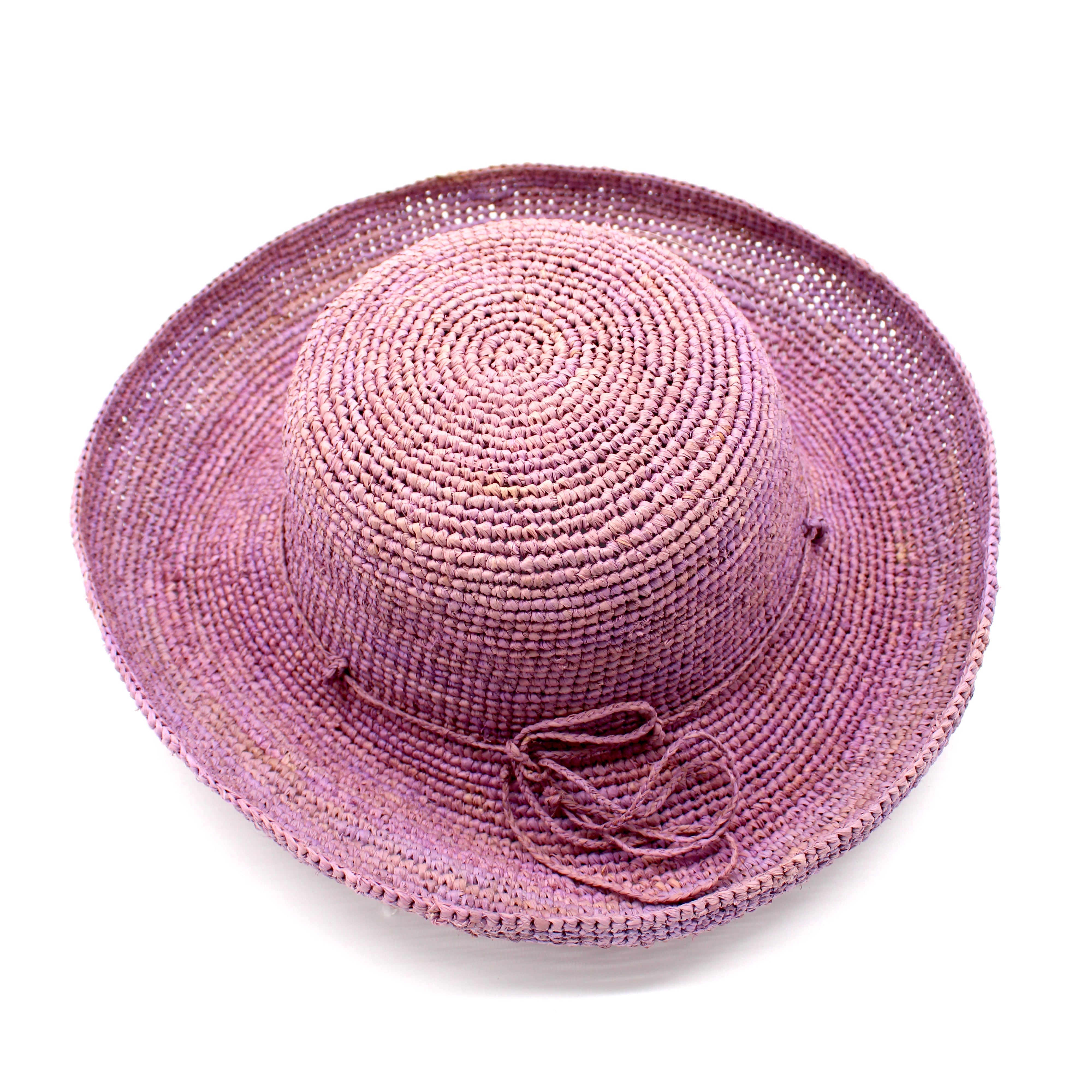 Leor Wisteria crochet straw hat handmade woven natural raffia palm fiber in a solid hue of wisteria/lilac/lavender/pale purple color raffia 3" brim packable straw hat with matching adjustable braided hat band - Shebobo
