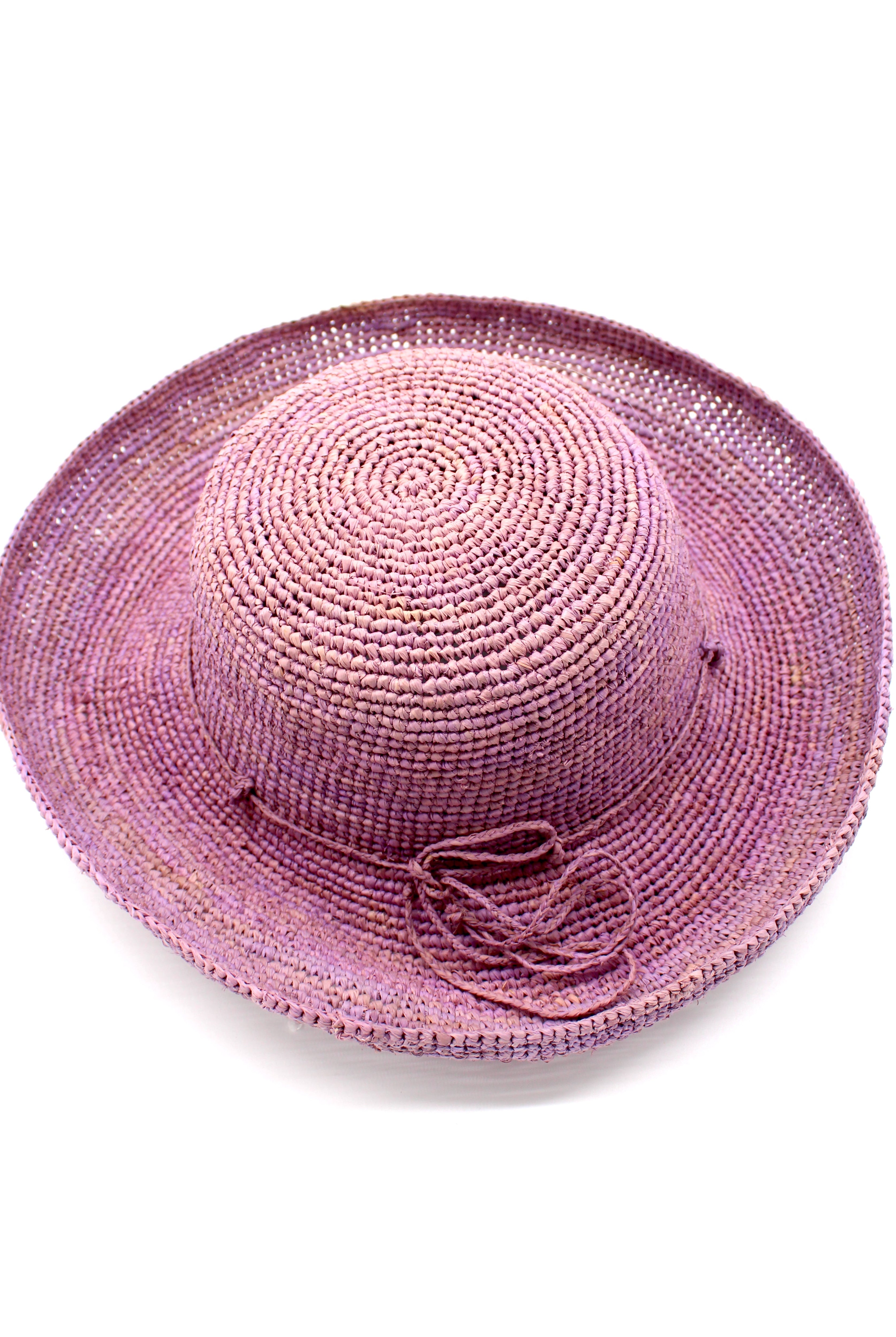 Leor Wisteria crochet straw hat handmade woven natural raffia palm fiber in a solid hue of wisteria/lilac/lavender/pale purple color raffia 3" brim packable straw hat with matching adjustable braided hat band - Shebobo