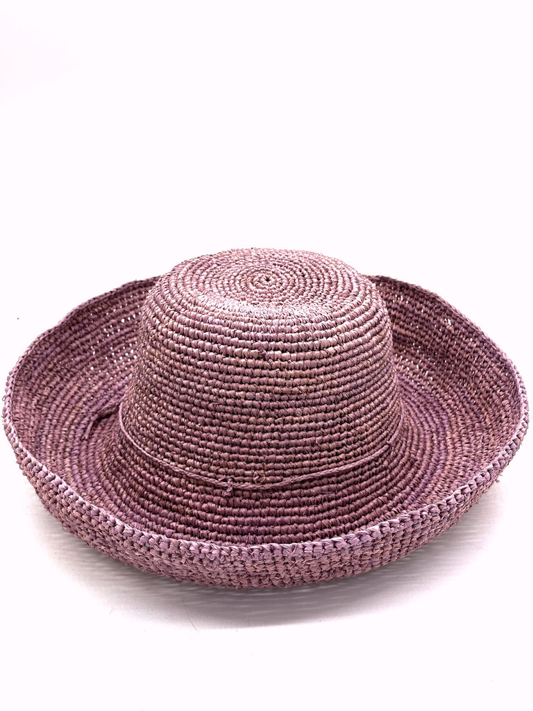 Leor Lilac crochet straw hat handmade lilac/lavender/pale purple color raffia 3" brim packable straw hat with matching adjustable braided hat band - Shebobo