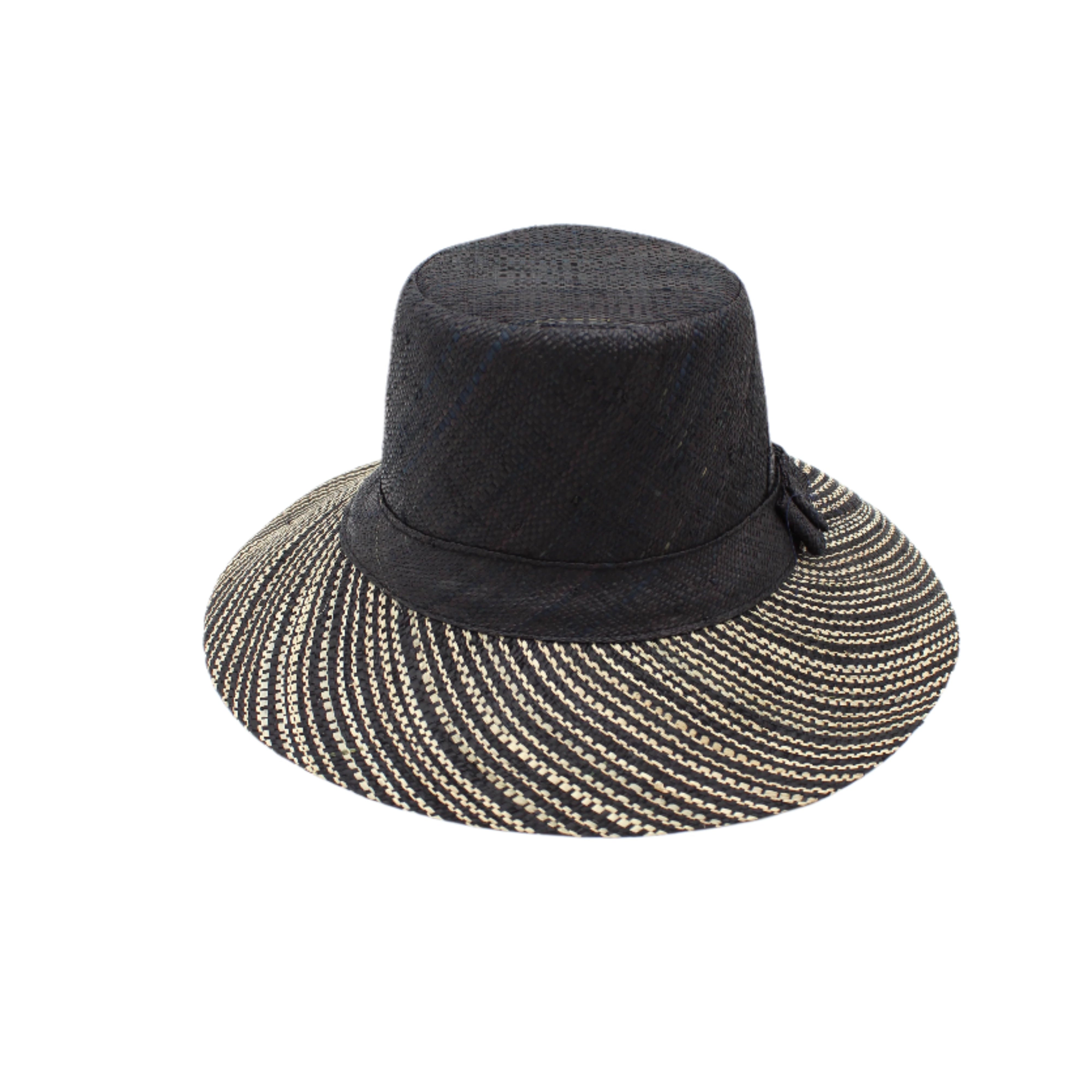 3" Brim Marsea Black Two Tone Melange Straw Sun Hats handmade loomed natural raffia palm fiber in a two tone color block aesthetic of solid black on the crown and hatband with multicolor melange heathered pattern swirl of black and natural straw color on the brim lightweight breathable packable hat - Shebobo
