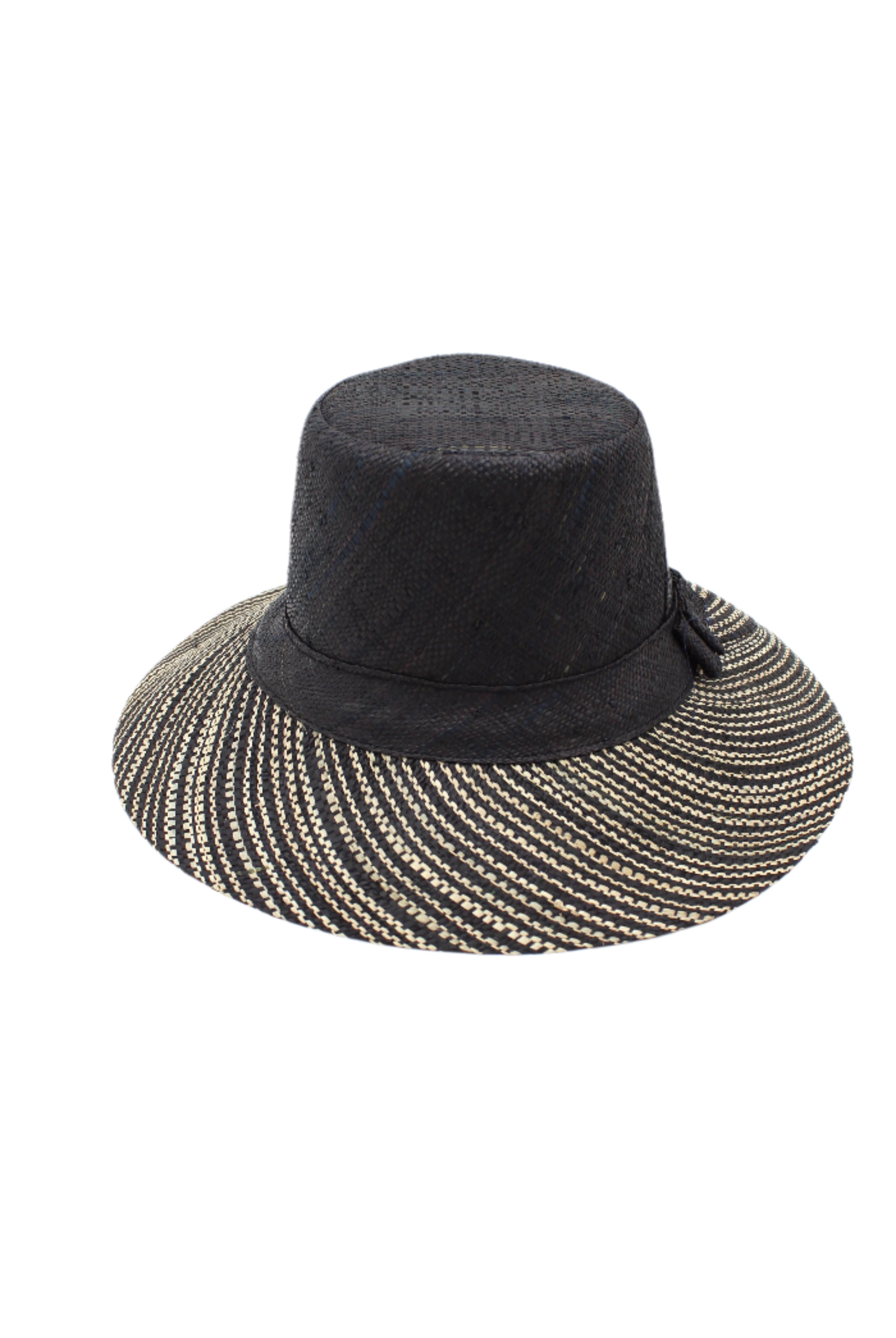 3" Brim Marsea Black Two Tone Melange Straw Sun Hats handmade loomed natural raffia palm fiber in a two tone color block aesthetic of solid black on the crown and hatband with multicolor melange heathered pattern swirl of black and natural straw color on the brim lightweight breathable packable hat - Shebobo