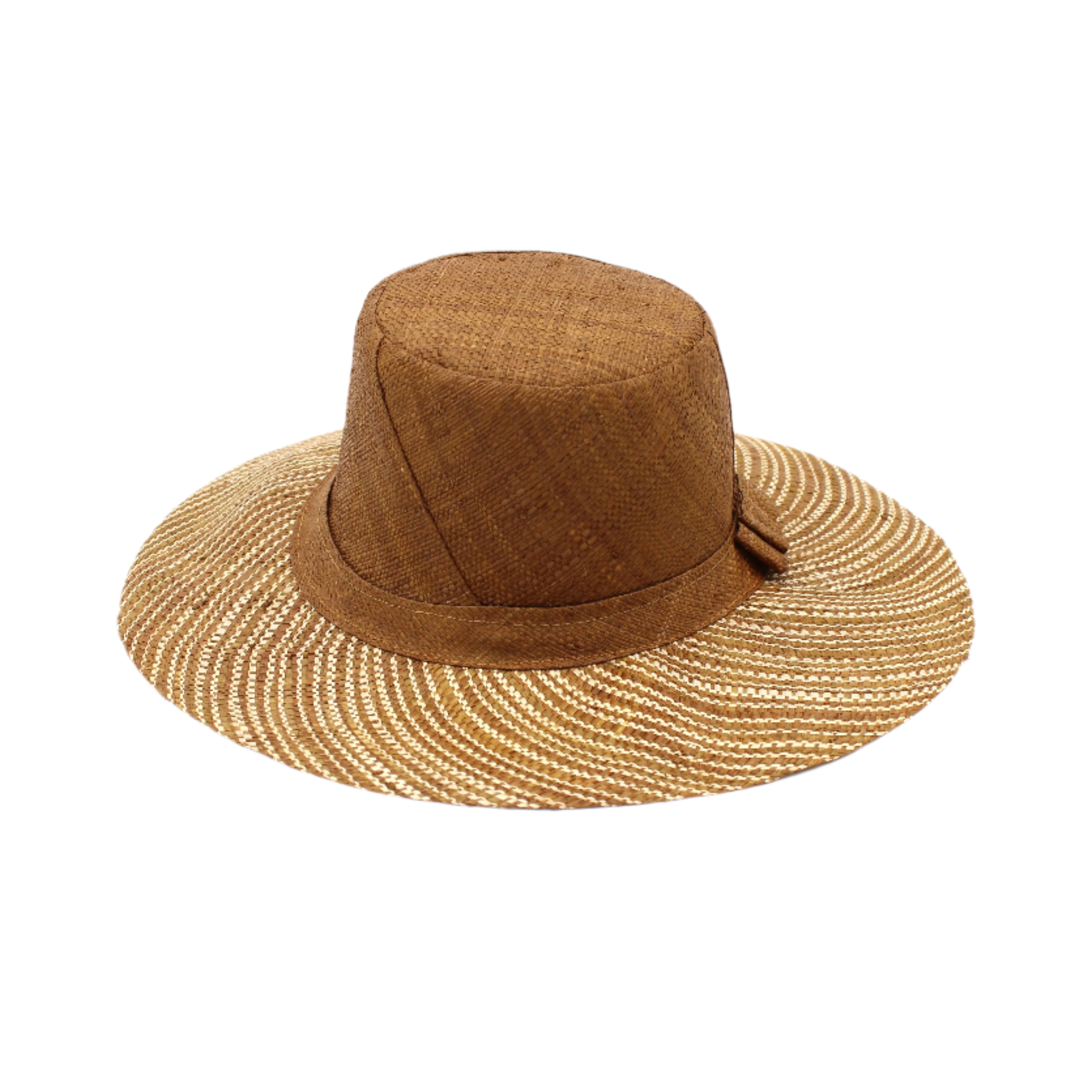 3" Brim Marsea Cinnamon Two Tone Melange Straw Sun Hats handmade loomed natural raffia palm fiber in a two tone color block aesthetic of solid cinnamon tobacco/dark/brown on the crown and hatband with multicolor melange heathered pattern swirl of cinnamon and natural straw color on the brim lightweight breathable packable hat - Shebobo