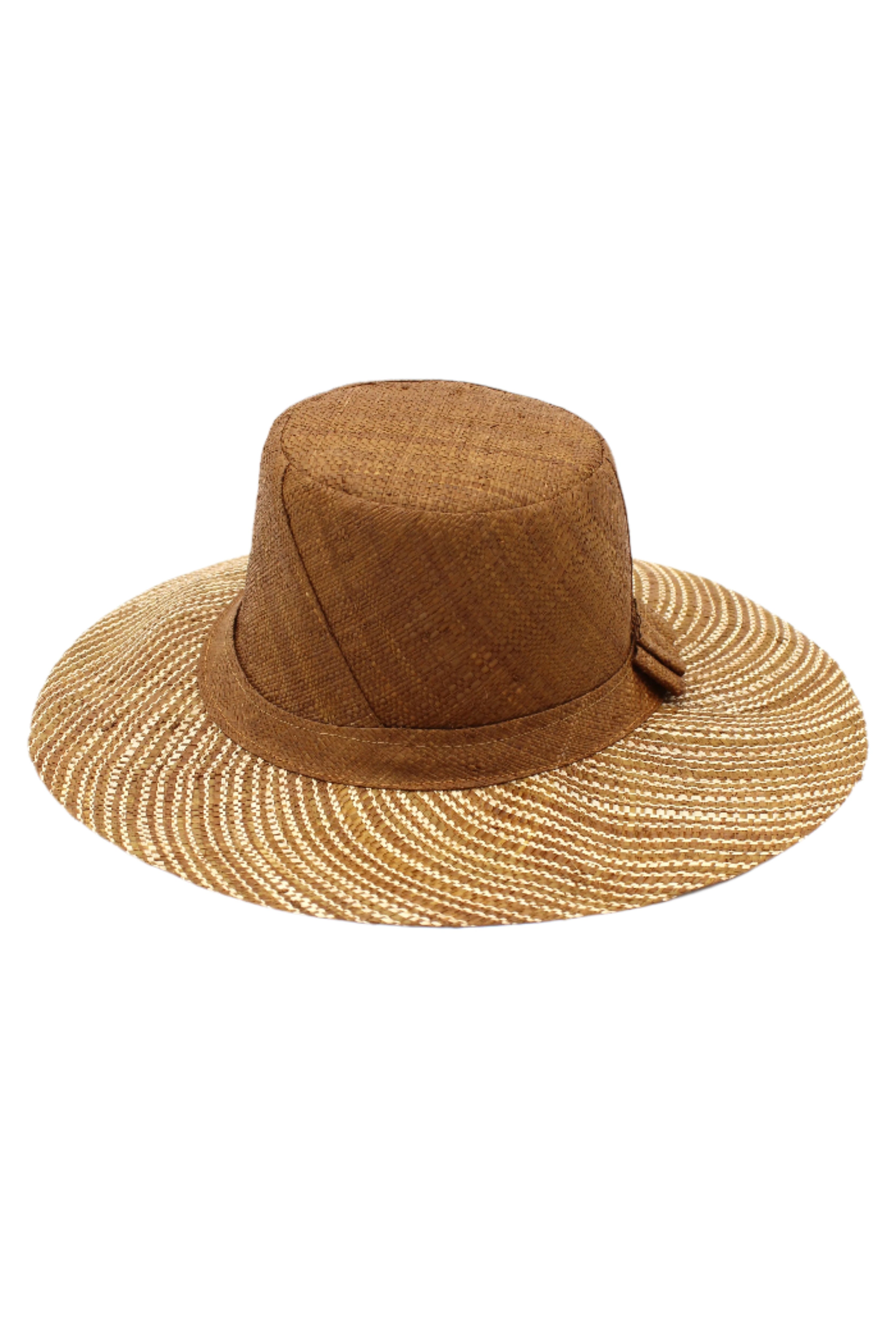 3" Brim Marsea Cinnamon Two Tone Melange Straw Sun Hats handmade loomed natural raffia palm fiber in a two tone color block aesthetic of solid cinnamon tobacco/dark/brown on the crown and hatband with multicolor melange heathered pattern swirl of cinnamon and natural straw color on the brim lightweight breathable packable hat - Shebobo