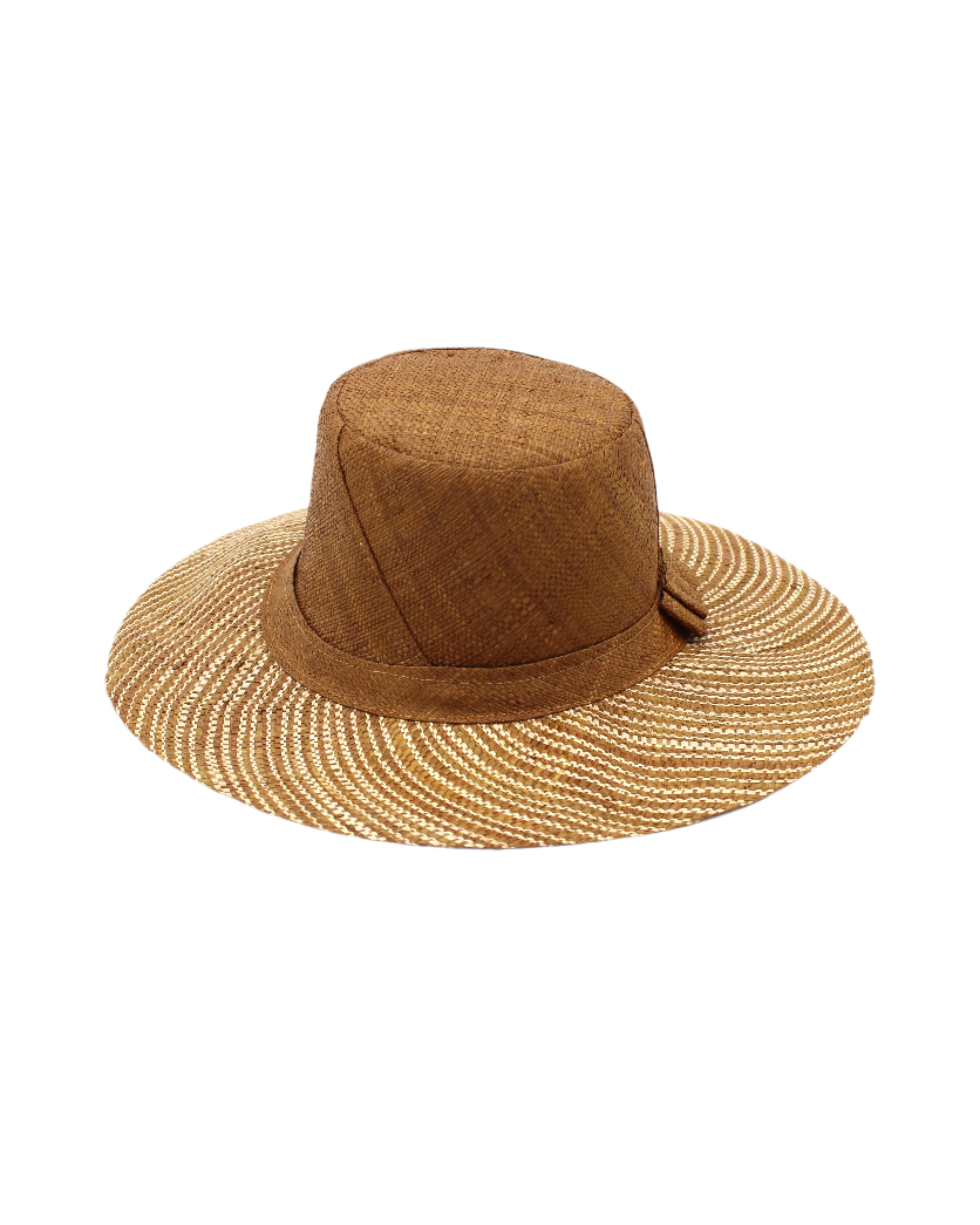 3" Brim Marsea Cinnamon Two Tone Melange Straw Sun Hats handmade loomed natural raffia palm fiber in a two tone color block aesthetic of solid cinnamon tobacco/dark/brown on the crown and hatband with multicolor melange heathered pattern swirl of cinnamon and natural straw color on the brim lightweight breathable packable hat - Shebobo