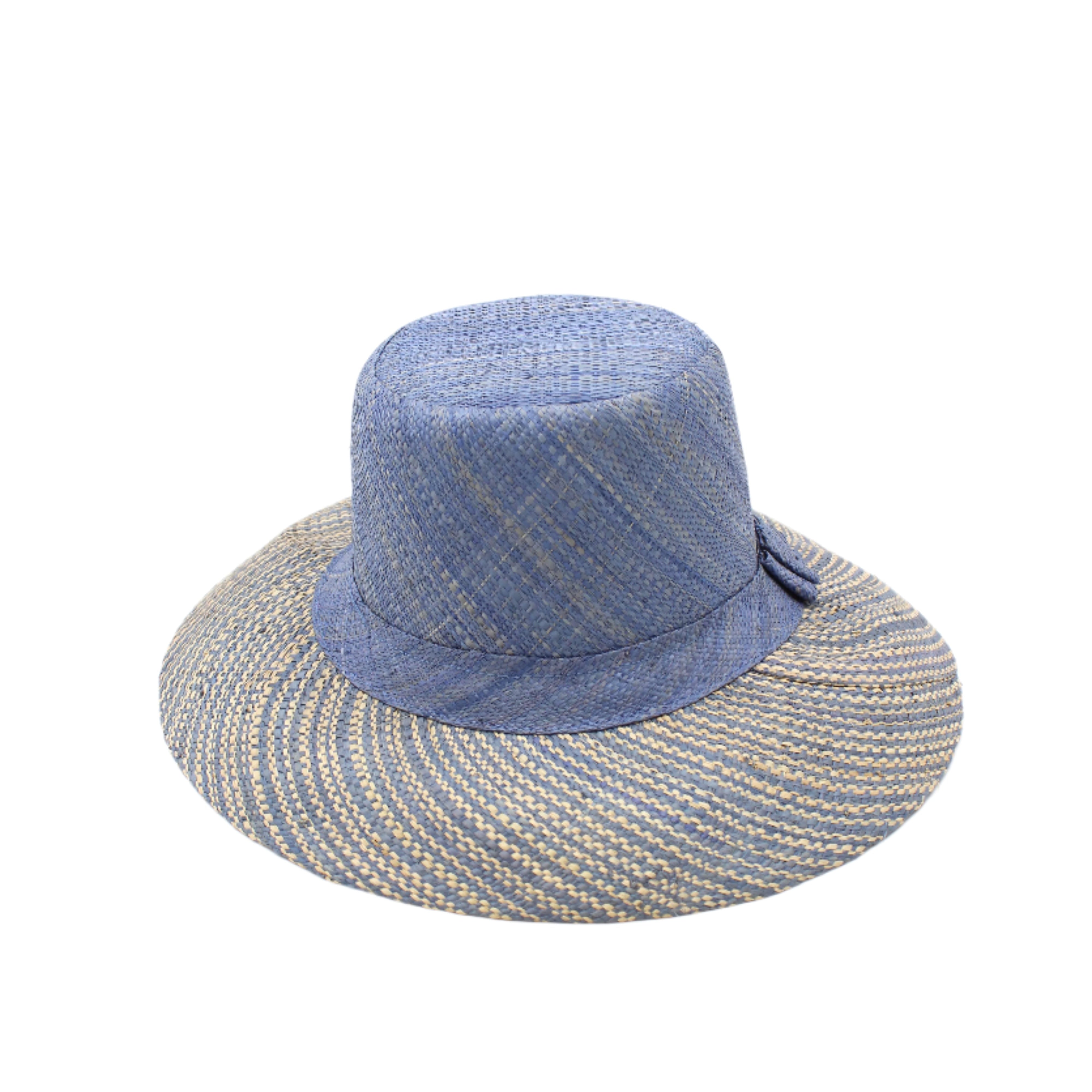 3" Brim Marsea Denim Two Tone Melange Straw Sun Hats handmade loomed natural raffia palm fiber in a two tone color block aesthetic of solid denim retro/light/ blue on the crown and hatband with multicolor melange heathered pattern swirl of denim and natural straw color on the brim lightweight breathable packable hat - Shebobo