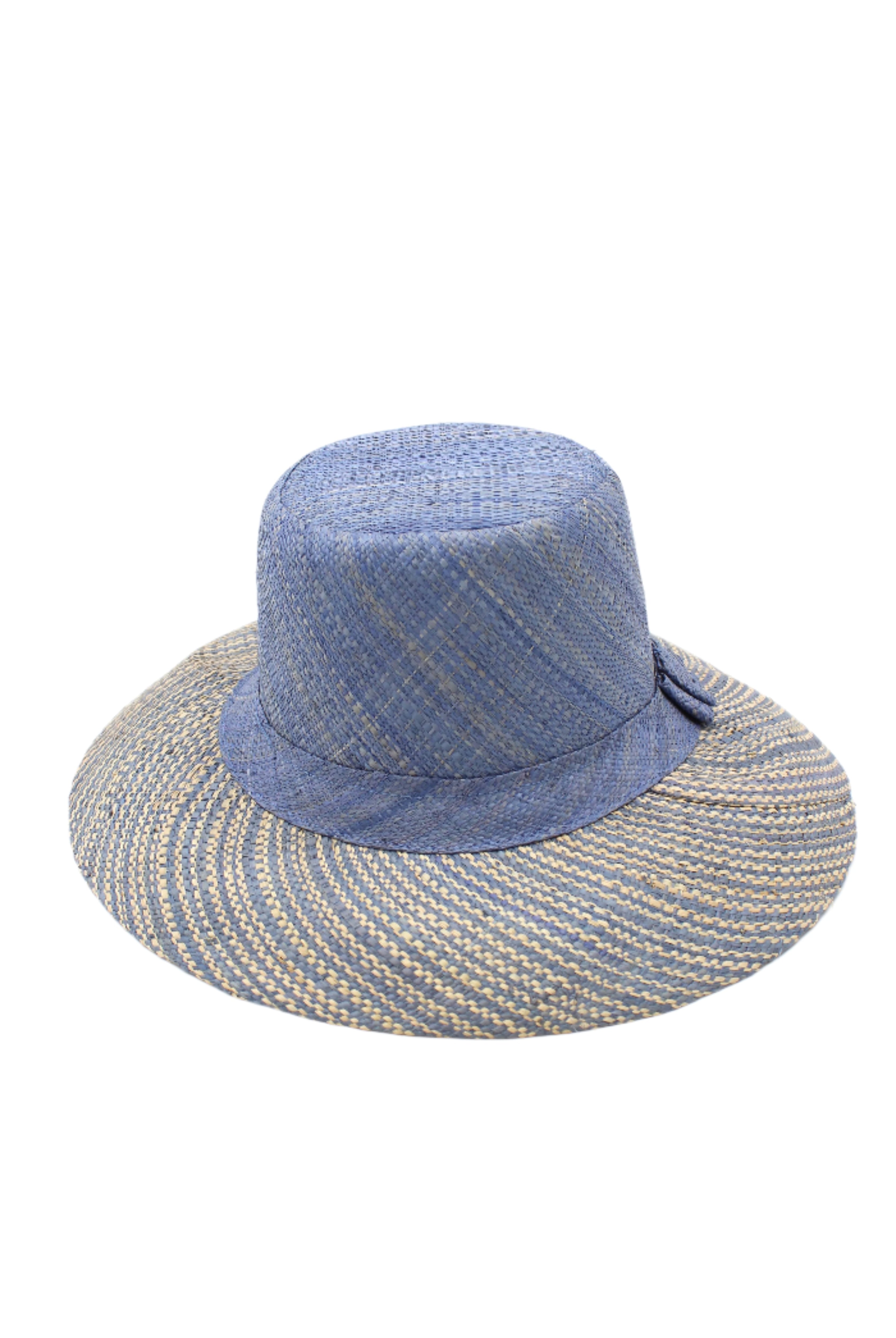 3" Brim Marsea Denim Two Tone Melange Straw Sun Hats handmade loomed natural raffia palm fiber in a two tone color block aesthetic of solid denim retro/light/ blue on the crown and hatband with multicolor melange heathered pattern swirl of denim and natural straw color on the brim lightweight breathable packable hat - Shebobo